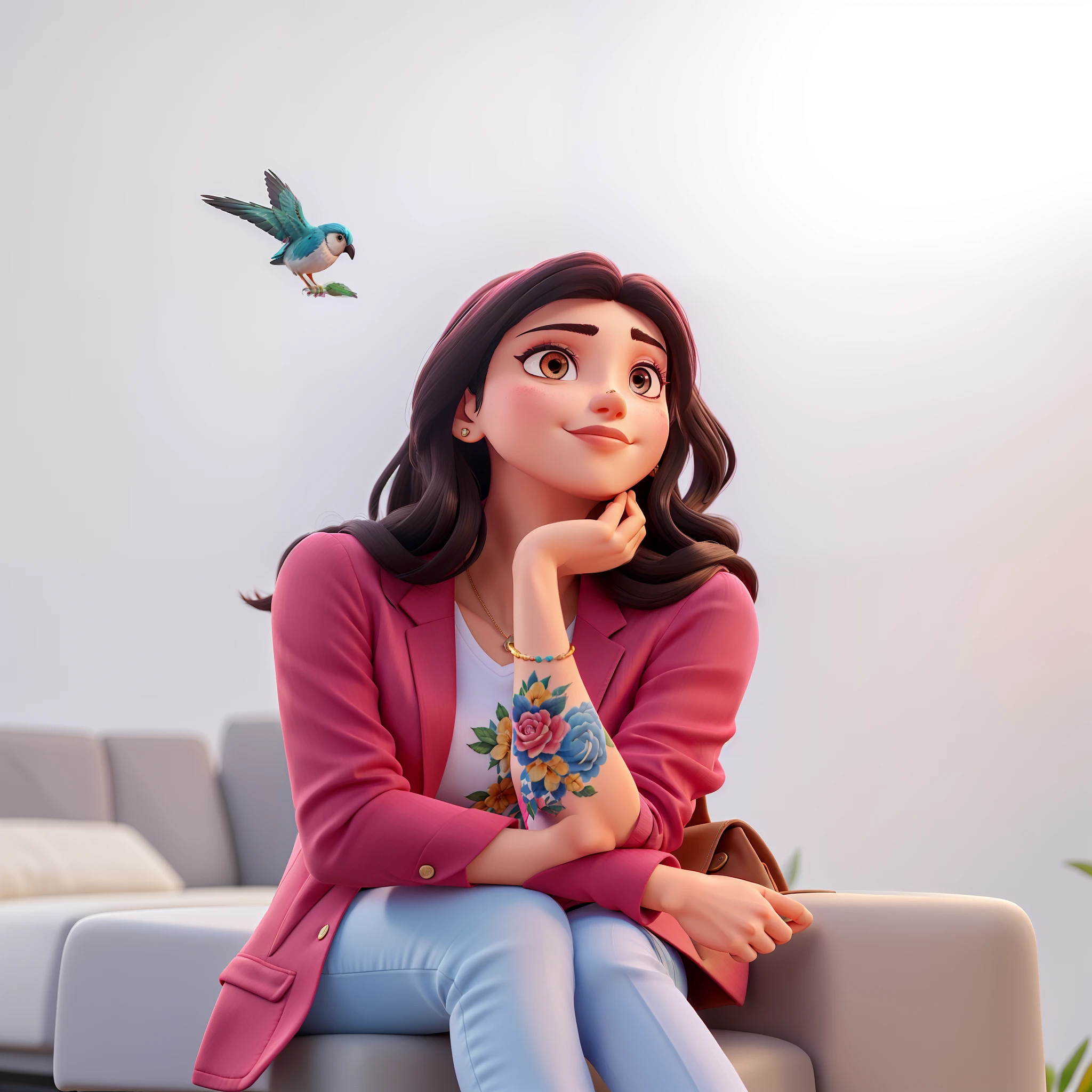 Um mulher, olhos castanhos , blazer rosa, blusa branca, Tattoo on the arm of birds