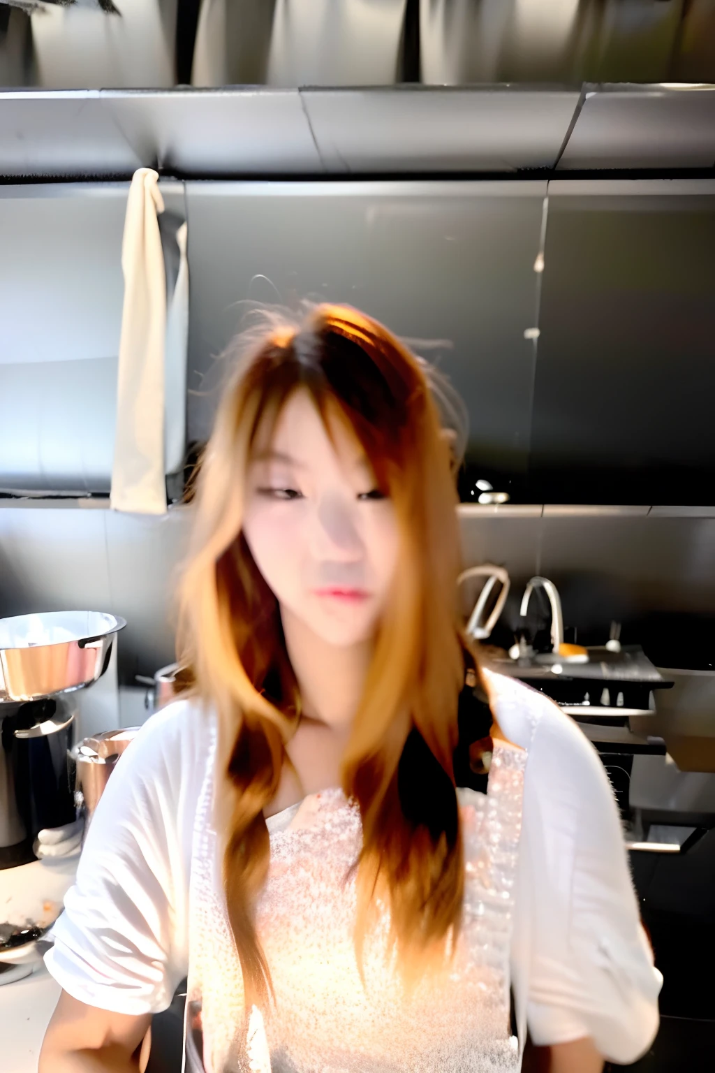(best quality:1.4), (ultra highres:1.2), (photorealistic:1.4), (8k, RAW photo:1.2),(portrait shot:1.3), nenie_cgm48, 1girl, solo, long hair, brown hair, bokeh, depth of field, indoors, apron, kitchen, kitchen knife,