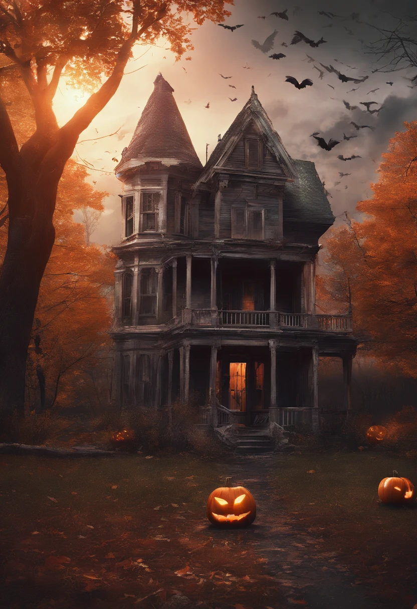(best quality,4k,8k,highres,masterpiece:1.2),ultra-detailed,(realistic,photorealistic,photo-realistic:1.37),a Halloween scene, detailed matte painting by Pamela Ascherson, Winner of Pixabay contest, Gothic art, flickering light, eerie vibe, Behance HD, pumpkins, a house