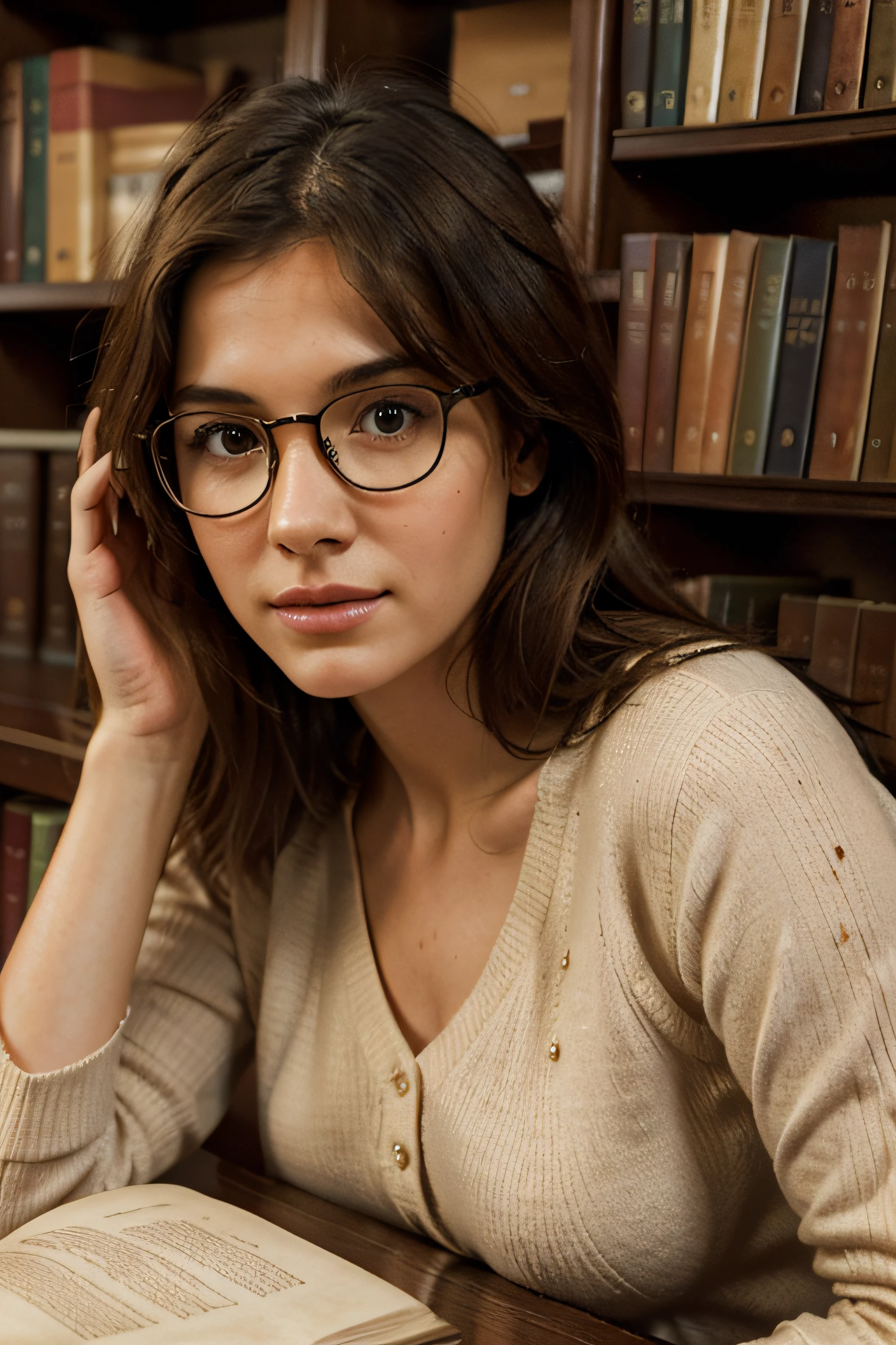 (best quality,photorealistic)portrait, woman in library,glasses,books,body detail,detailed facial features,beautiful detailed eyes,beautiful detailed lips,
medium:pencil sketching,
additional details:vintage library setting,dusty old books,soft warm lighting,bookshelves filled with books,wooden desk and chair,
color palette:warm tones,sepia,
lighting:soft diffused light,illuminating the woman's face and the books on the desk.
