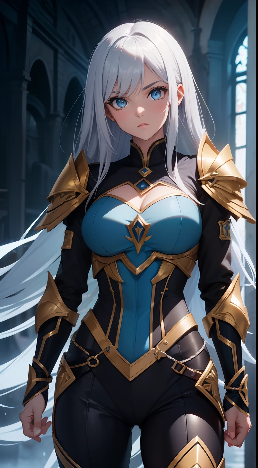 la apariencia realista de Aria Drakoria se caracteriza por su cabello azul oscuro, ojos verdes intensos, rostro delicado y proporcionado, athletic build and silver armor with blue and gold accents. Su presencia imponente y su belleza deslumbrante la convierten en una figura destacada