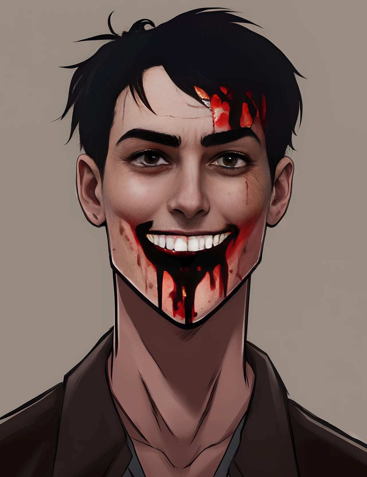 creepy male with black hair. has a pale brown skin color. slim. has large eyes but one eyes is not there. has a large smile. a cut that goes from the corner of his mouth to his roght eye. blood from the scar and mouth