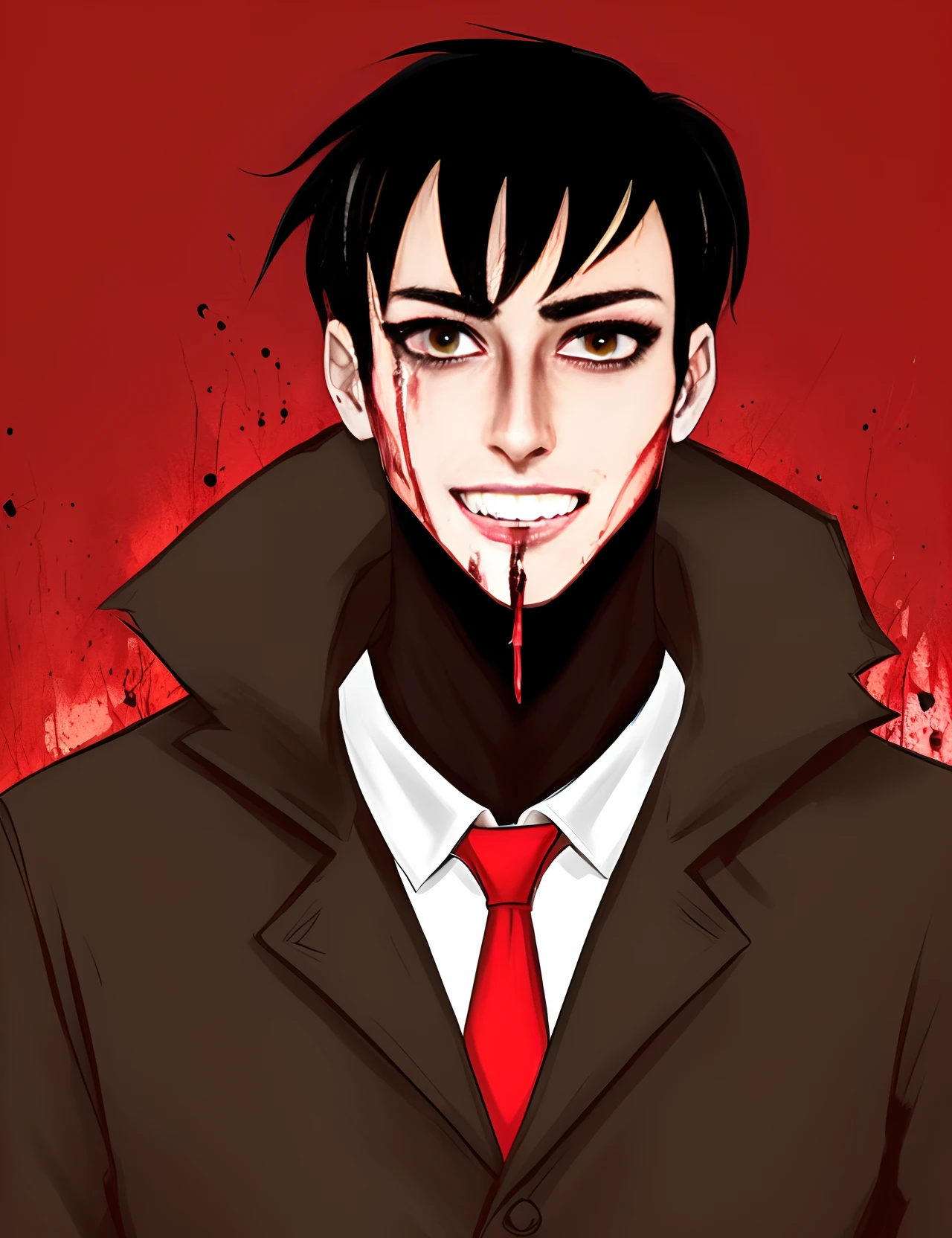 creepy male with black hair. has a pale brown skin color. slim. has large eyes but one eyes is not there. has a large smile. a cut that goes from the corner of his mouth to his roght eye. blood from the scar and mouth
