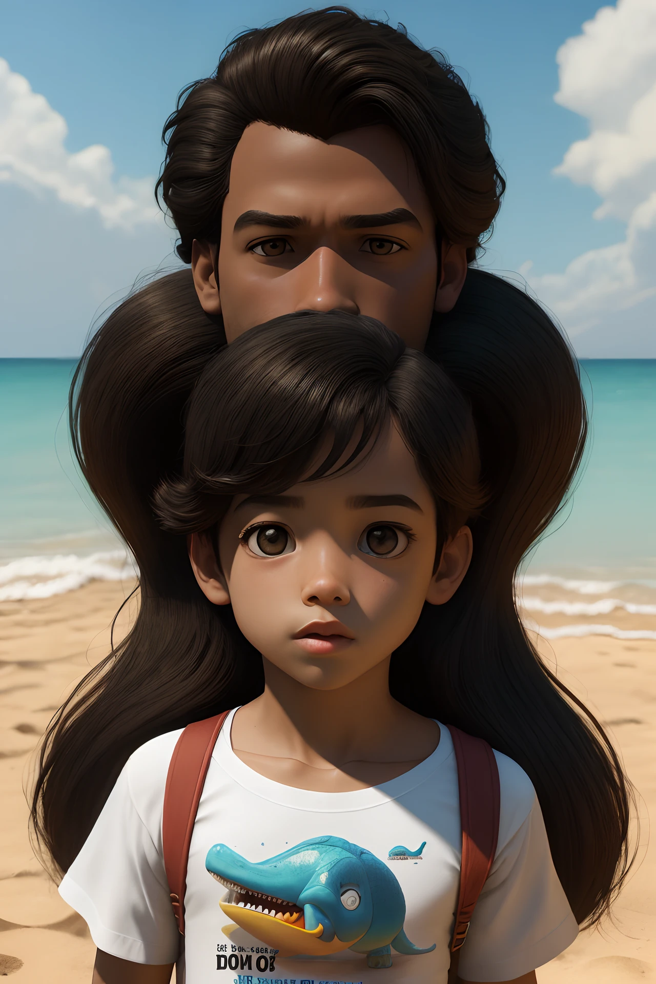 Poster 3D inspirado na Pixar/Disney capturando  menino de dois anos, negro de cabelo cacheado, Medium American Cut Wearing Gael Written Shirt, brincando com um Dino na praia