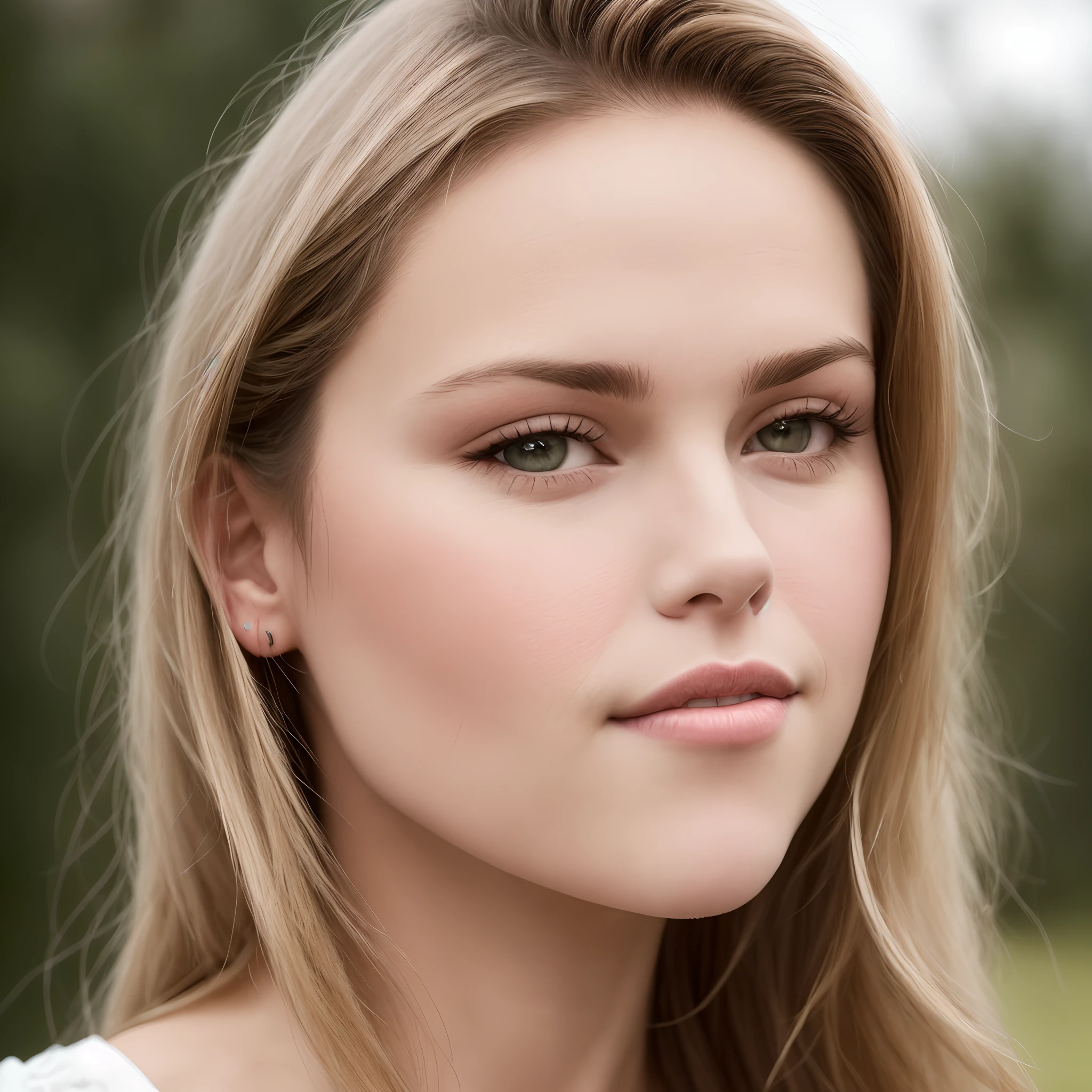 photo of a 30 year old Caucasian woman with small hazel eyes, round face, plump cheeks, soft jawline, large face, small chin, medium sized slightly humped nose, small lips, blonde, thin wavy hair