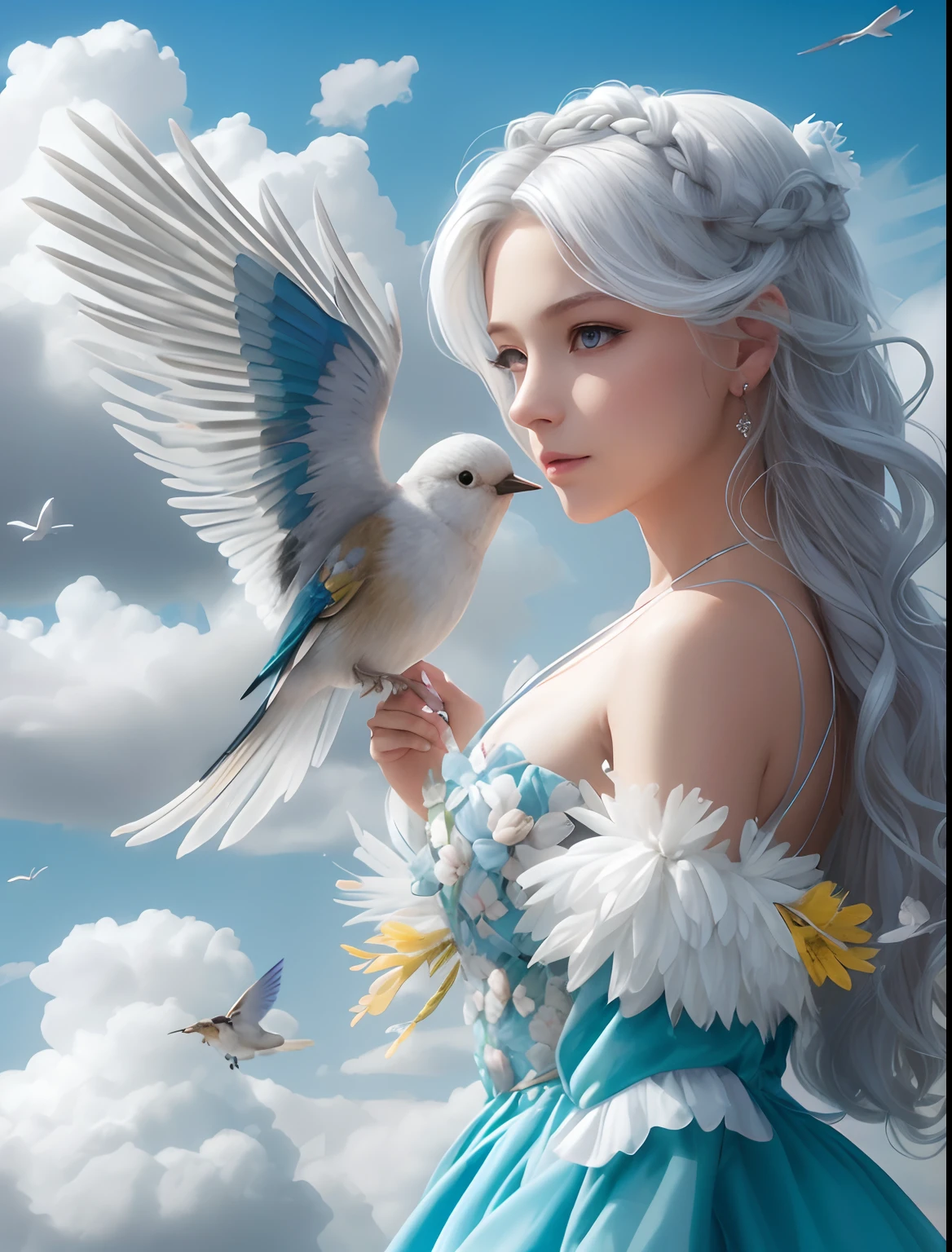 April small cute birds bring flowers and colorful feathers to her blonde/white braided hair, braided hair, bluebirds, hummingbirds, fluffy cumulus clouds, cumulonimbus, chickadees, goldfinch, swirling curling blonde/white hair, twirling, spiral, gyro, puffy fluffy, cotton candy, sunshine, mist, frost, frosty, frozen, warm, silver dress, silver gown, flashing dynamic, sound, photorealistic, hyperdetailed, glass, gems, color, 24 years woman, fairy hair, drill hair, digital sound clouds, 64k resolution, mystical art style, fun, timing, love, honesty, oil paints, new design, paper-art, spring, distrust in the eyes, with the Renaissance brilliance of Leonardo da Vinci, and Michelangelo, creating a vibrant classical elegance.