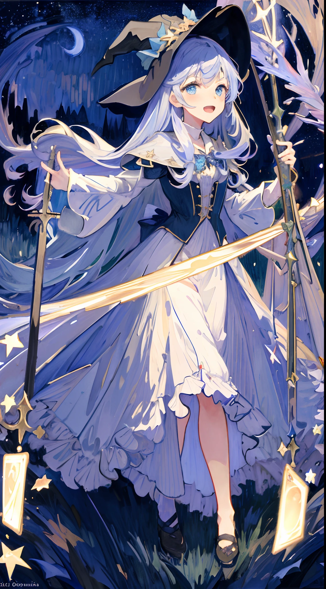 ((Masterpiece:1.2, Best quality)), 1girll, Solo, (Witch hat), Blonde hair, Long hair, dress, aurora, Night, Star (sky), mitts, sky, White dress, Night sky, Open mouth, Starry sky, Blue eyes, ribbon, Very long hair, Red dress, Smile, Hair ribbon, Cape, Blue hair, (Bird), magic, casting spell, Dark clouds, Night, (Impressionism:1.4), (tarot:1.3), Alphonse Mucha,