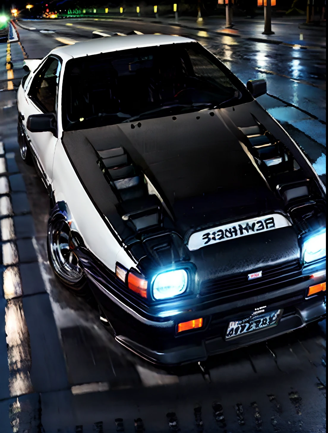 32K Ultra Hi-Vision、Photorealsitic、Raw photo、hiquality、Photo Contest Winners、Toyota AE86 Trueno Behind、((Drive along Tokyo's highways with beautiful night views))、(Convertible car specifications:1.2)、((Carbon bonnet specification:1.2))、(Rain-soaked road surface、Headlights reflecting on the road surface:1.2)、(Beautiful night view、Background blur:0.7)