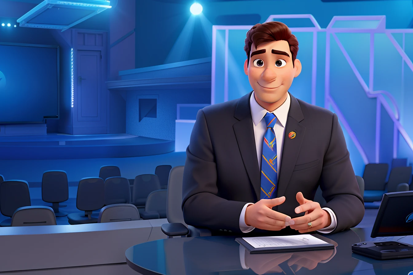 Um homem sentado na bancada apresentando um programa de TV estilo disney pixar,
alta qualidade, melhor qualidade