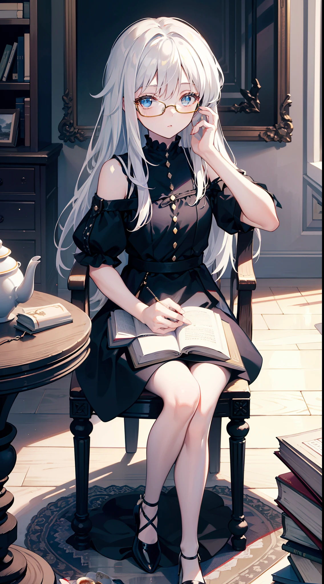small girl, Long white hair, blue eyes, black Stylish glasses, blue dress, fluffy dress, short sleeves, open shoulders, book, sitting at a table, tea, Masterpiece, hiquality, 4k, HD, Good detail