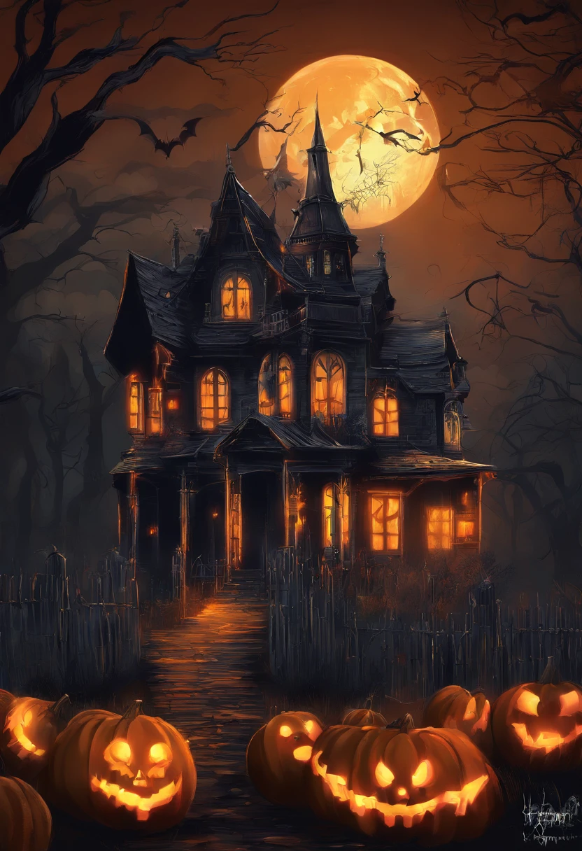 A Halloween scene with pumpkins and a house, uma pintura fosca detalhada por Pamela Ascherson, Vencedor do concurso Pixabay, gothic art, Luz cintilante, vibe sinistra, behance HD