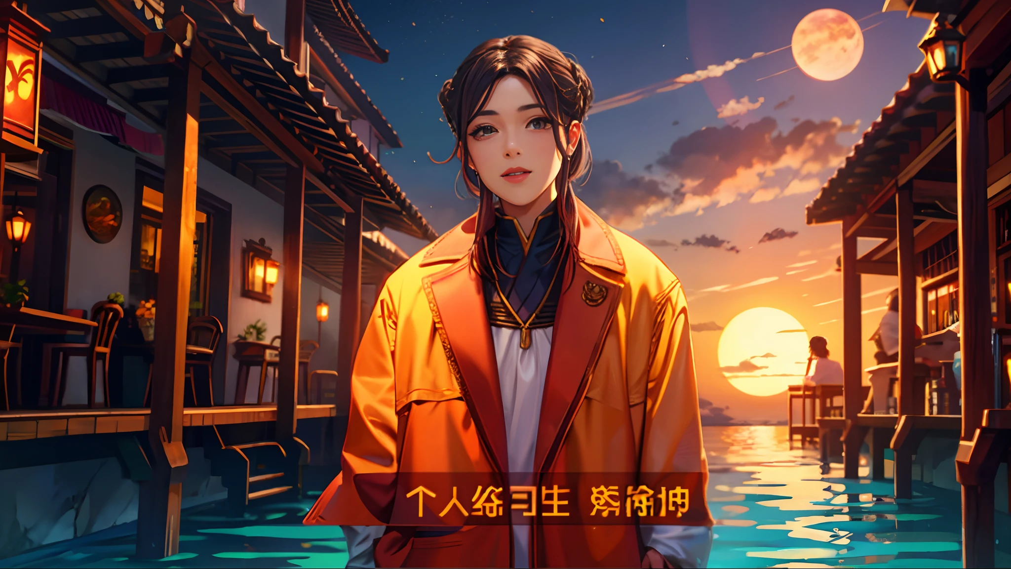 the sunset，eventide，middle parted hairstyle
