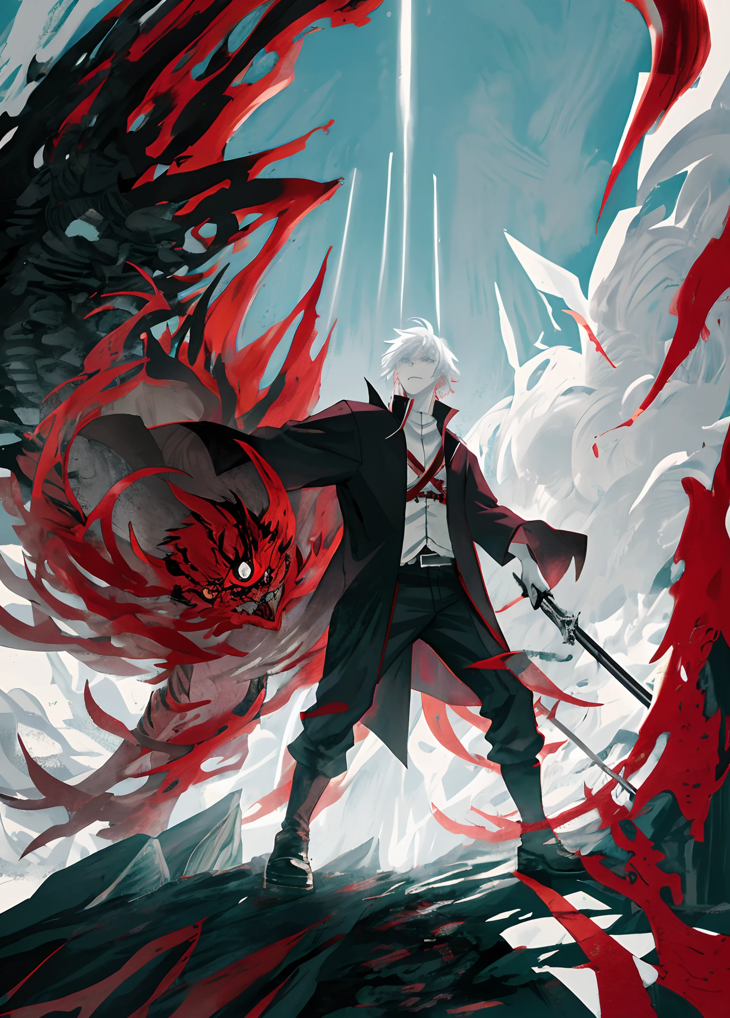 anime - style image of a man standing in front of a giant monster, mage fighting a ghoul, an ominous fantasy illustration, inspired by Sōami, by Shingei, shinigami, black and white manga page, black and white manga panel, inspired by Uragami Gyokudō, dark!, he's very menacing and evil