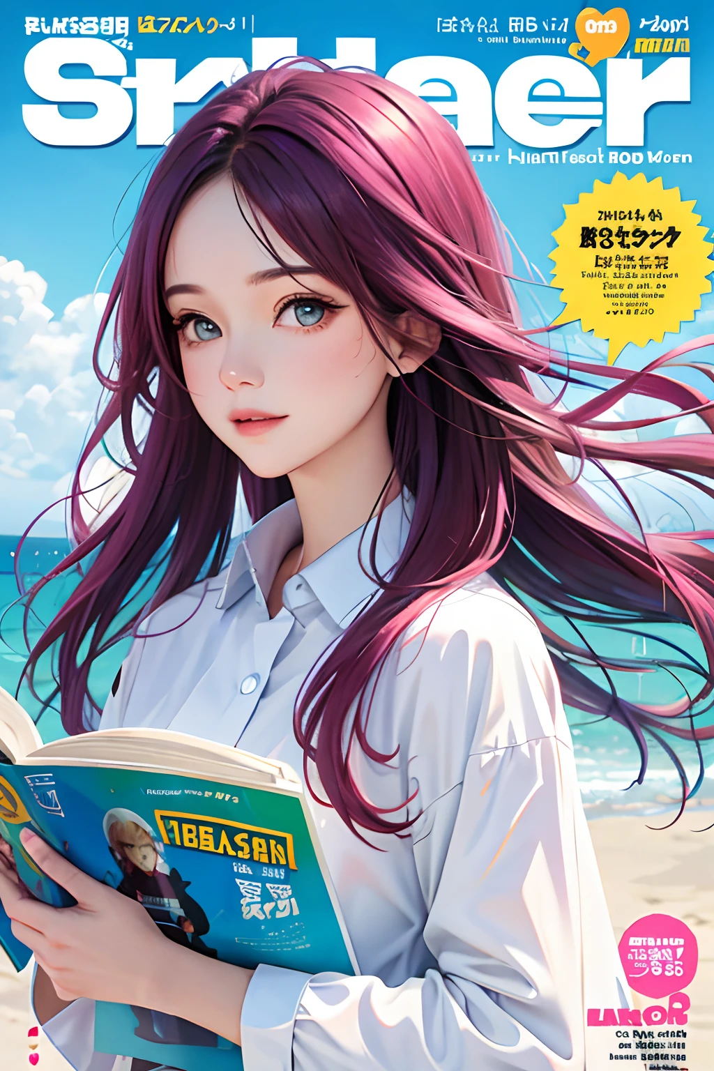 masterpiece, best quality, spring outfit, colorful hair, outdoor, magazine cover ,upper body,