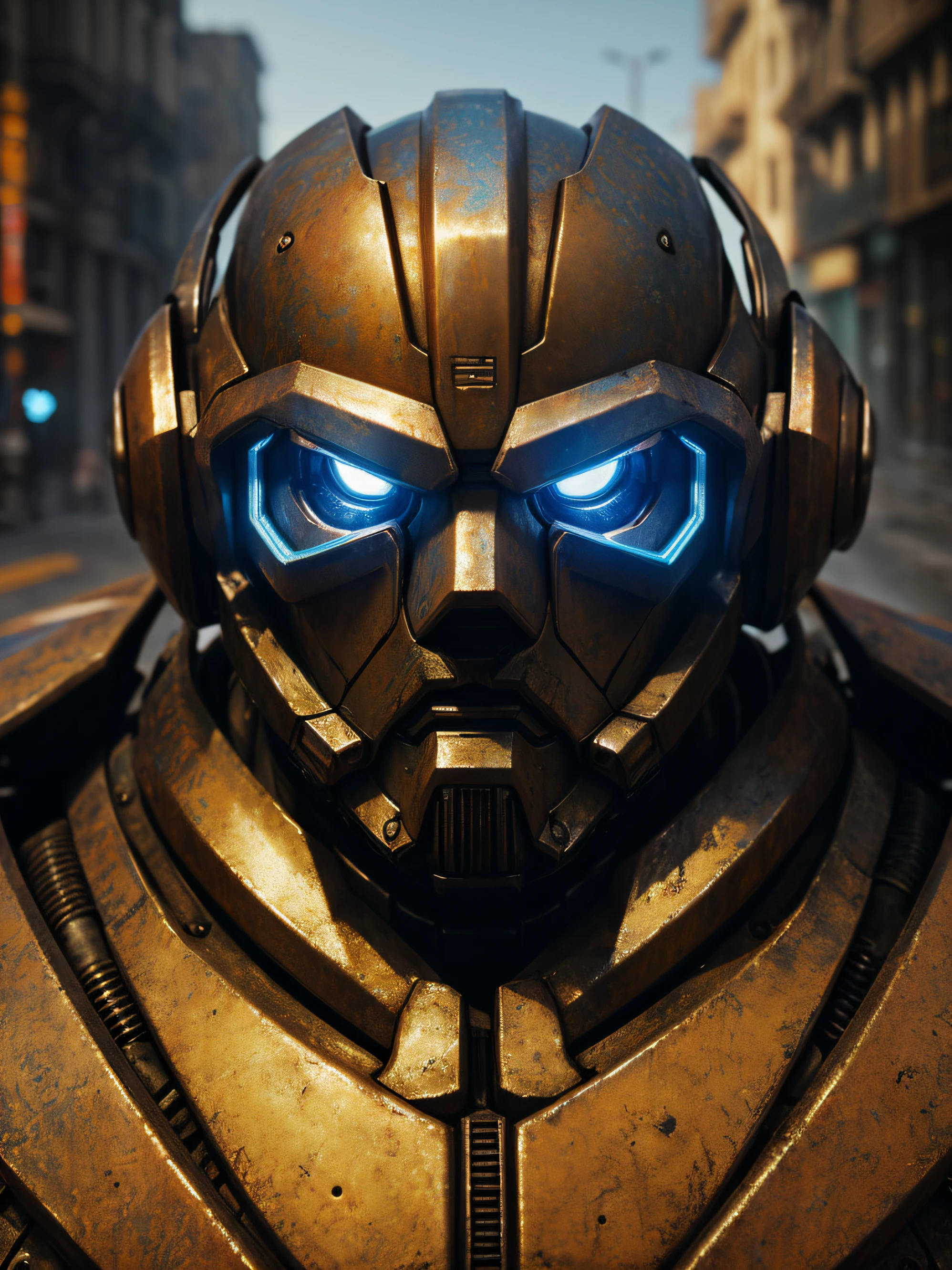 Portrait photo of muscular bearded guy in a worn mech suit, ((light bokeh)), intricate, (steel metal [rust]), elegant, sharp focus, photo by greg rutkowski, soft lighting, vibrant colors, (masterpiece), ((streets)), (detailed face:1.2), (glowing blue eyes:1.1)