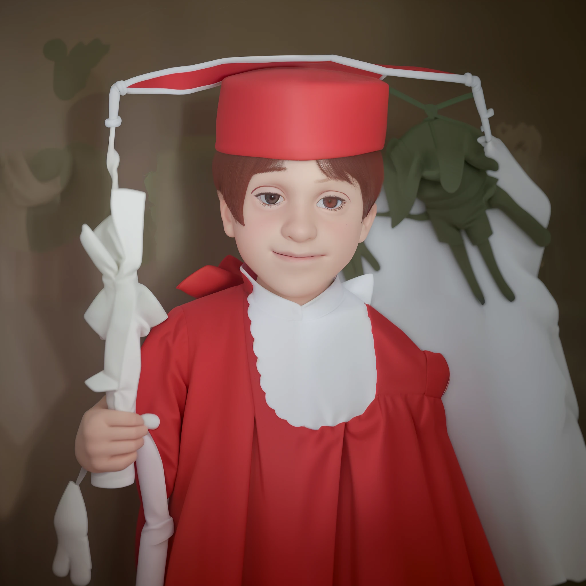 Um garoto de 6 anos de idade em sua formatura do ensino infantil com uma roupa vermelha segurando o canudo da formatura.