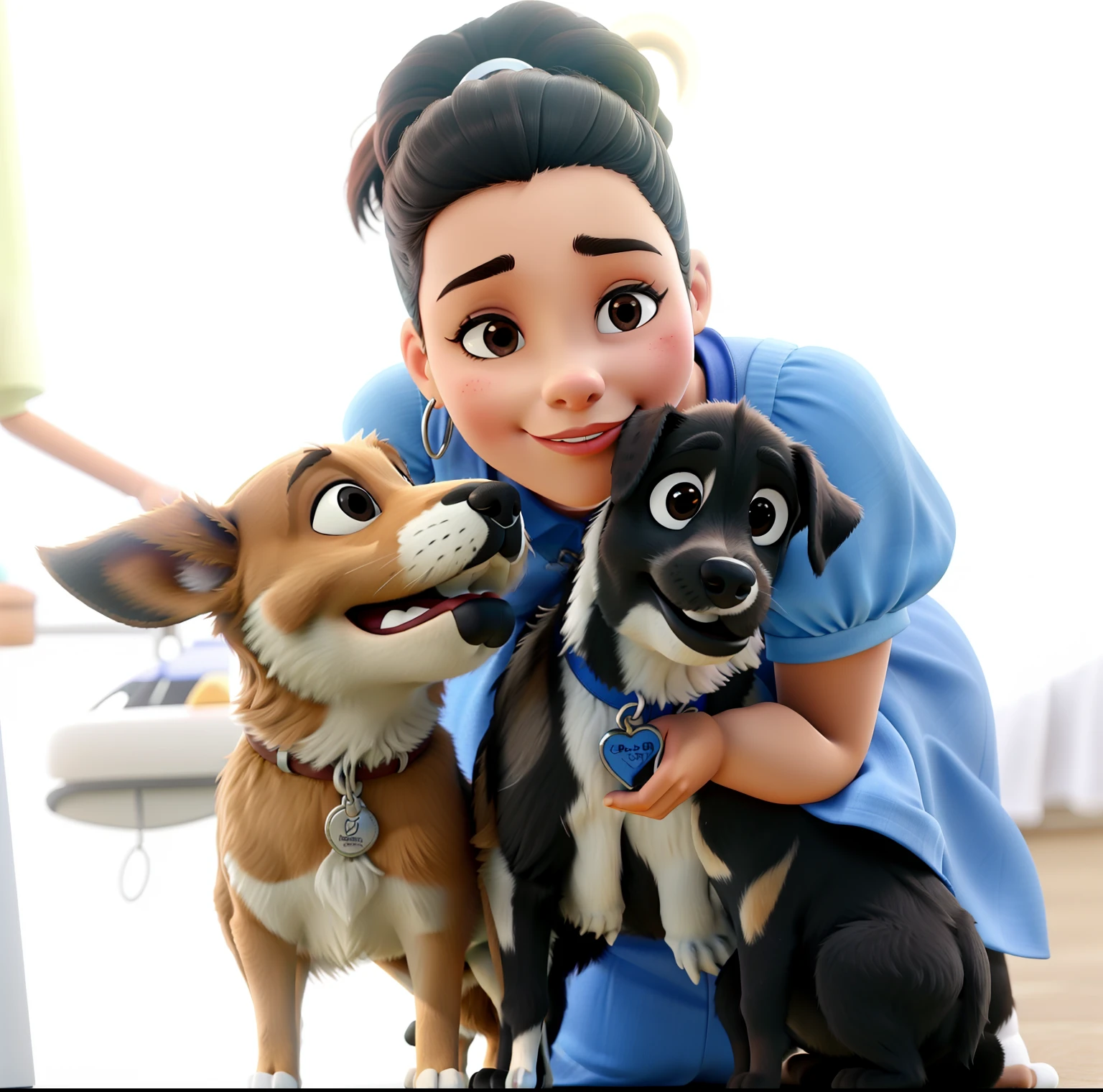 Uma mulher segurando dois cachorros, e um deles esta beijando no rosto e o cachorro de cor preta e menor que o outro