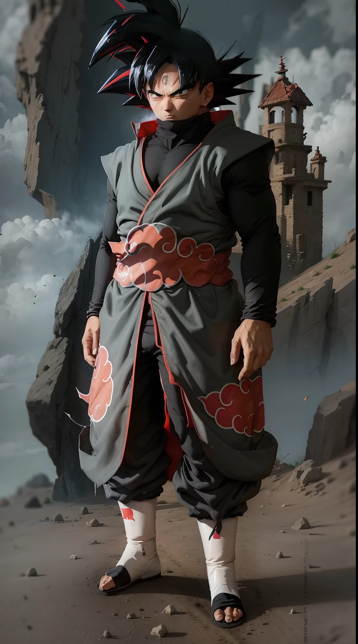 Goku usando o manto da Akatsuki, serious face, cara de mal, forte, capa preta com nuvens vermelhas