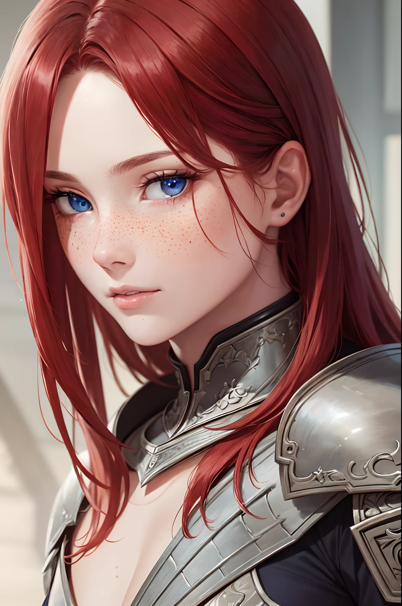 masterpiece, (realistic), A high resolution, very detailed, difficult, Beautiful woman, Red hair, Blue eyes, freckles, detailed face, knight, armor