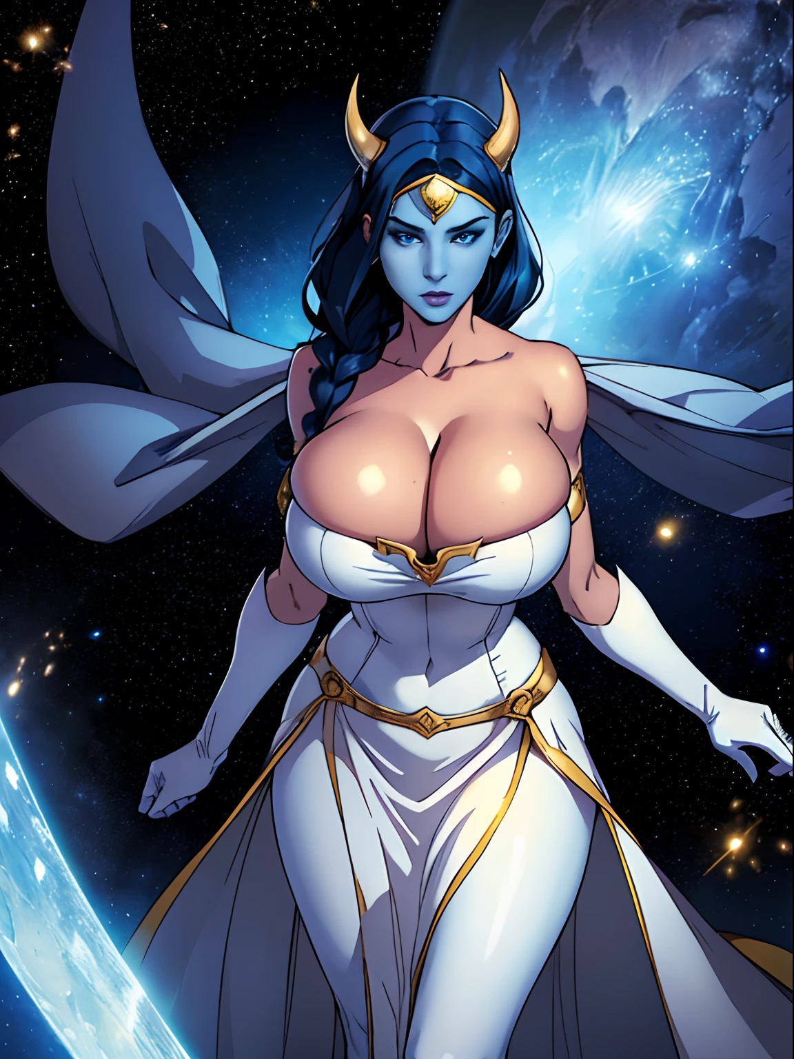 (masterpiece, top quality, best quality, official art, beautiful and aesthetic:1.2), (1girl:1.3), dark blue hair in braid, extremely detailed, portrait, looking at viewer, solo, (full body:0.6), detailed background, close up, (cool science fiction space theme:1.1), ((((blue skin)))), extremely busty sorceress, charlatan, mysterious, casting spells in space, four arms, see through white dress, fingerless gloves, long gloves, glowing magical energy, blindfold, elaborate headdress, golden ceremonial horns, sheer white fabric, elegant robes, skirts, streamers, cowl, cape, sandals, bracers, ((((extra arms, gigantic breasts, cleavage, skindentation)))), slim waist, slim hips, long legs, athletic, SPACE, futuristic moon, (space exterior:1.1) background, dark mysterious lighting, shadows, magical atmosphere, dutch angle