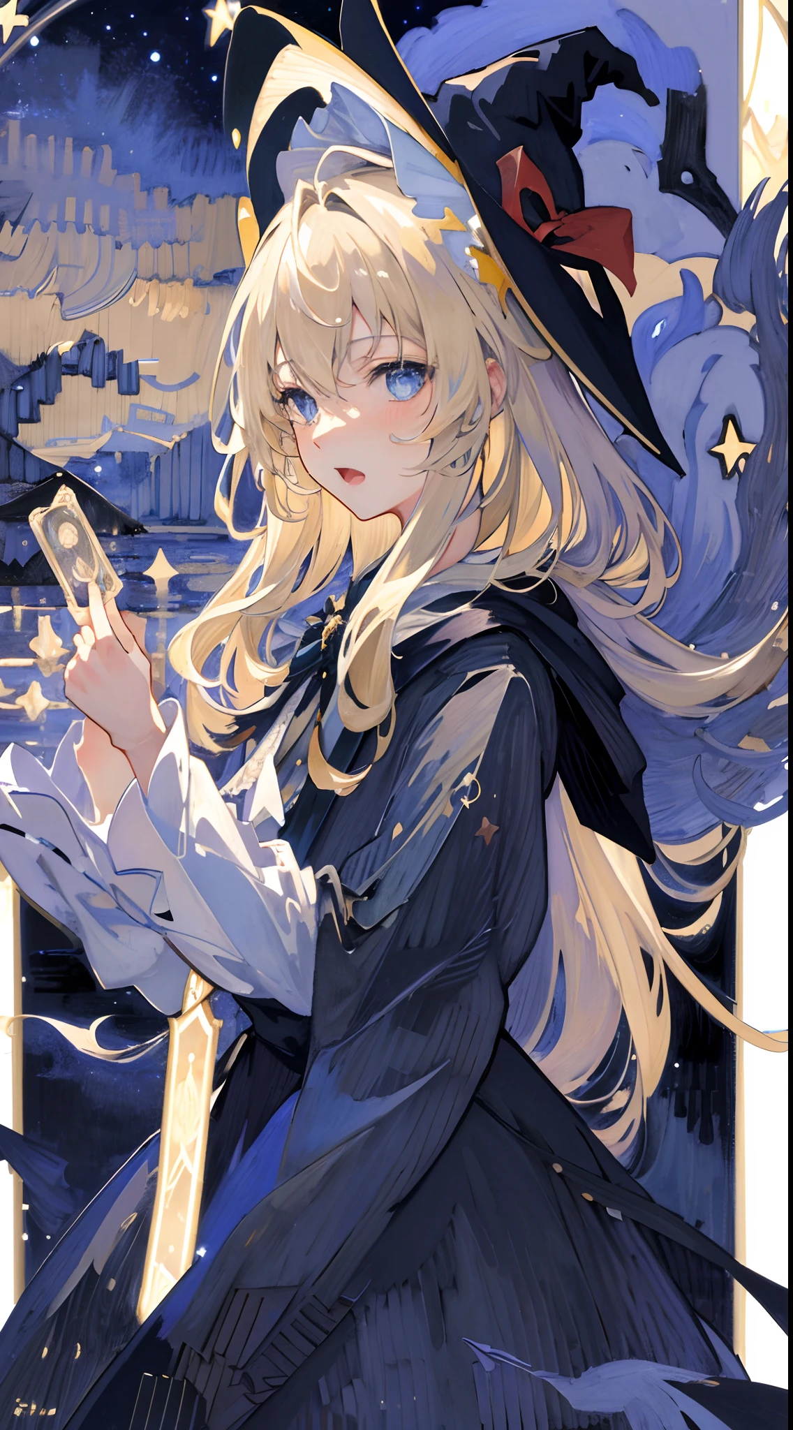 ((Masterpiece:1.2, Best quality)), 1girll, Solo, (Witch hat), Blonde hair, Long hair, aurora, Night, Star (sky), mitts, sky, Student uniform, Night sky, Open mouth, Starry sky, Blue eyes, ribbon, Very long hair, Red dress, ssmile, Hair ribbon, Cape, Blonde hair, (Bird), magic, casting spell, Dark clouds, Night, (Impressionism:1.4), (tarot:1.3), Alphonse Mucha,