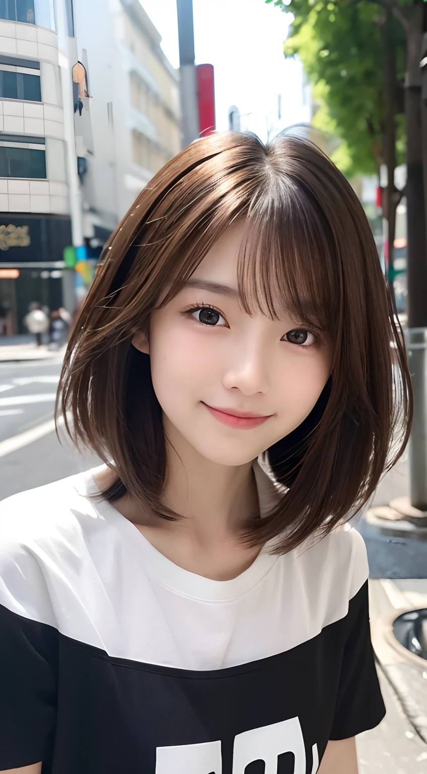 (top-quality,8K picture quality,masterpiece:1.3,),(超A high resolution,Photorealsitic:1.4,Raw photography),(ultra-detailliert,shinny skin,Detailed skin),(Detailed face,Perfect Anatomy,Caustics),1人,kawaii,japanes,22year old,Japanese ido,Natural brown hair,shoulder length hair,Pretty eyes,natural make up,Oversized T-shirt,a smile,Looking at the camera,up on the face,Face Focus,street corner,natural soft light,
