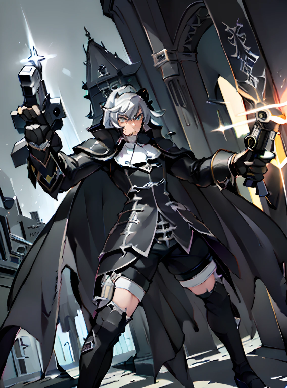 ((Sistermon Noir as male)),(1boy:1.2},(solo:1.1), ((battlepriest)),(shorts,)) , silver hair,grey eyes,STANCE,star \(sky\), (masterpiece), (best quality), HDR, intricate detail, ((Femboy)), (holding a Gun)