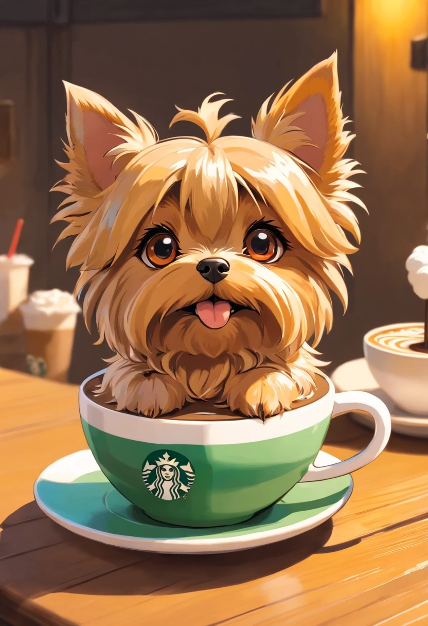 unique, Cartoonish playful cute Yorkshire terrier shaped cup, Fraappuccino colorido estilo Starbucks, Yorkshire Terrier logo.