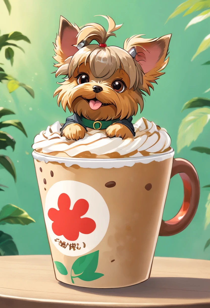unique, Cartoonish playful cute Yorkshire terrier shaped cup, Fraappuccino colorido estilo Starbucks, Yorkshire Terrier logo.