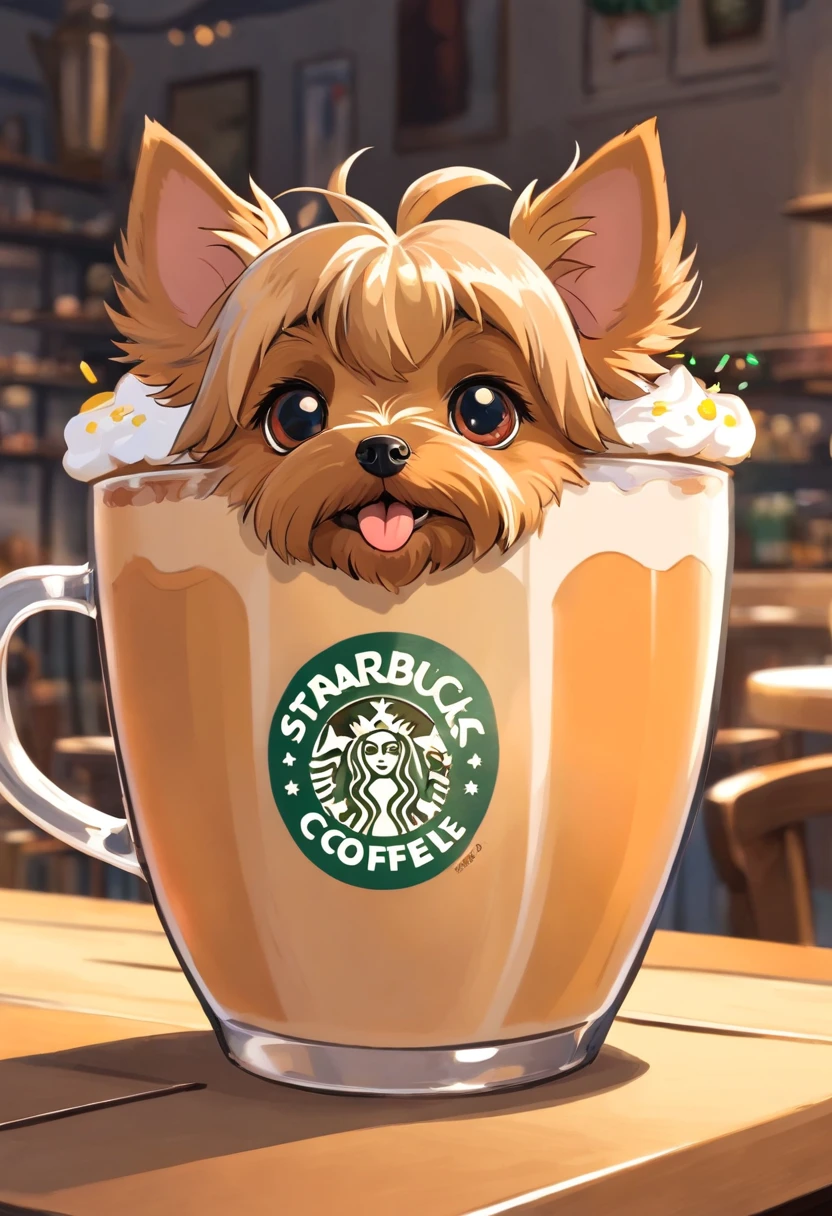 unique, Cartoonish playful cute Yorkshire terrier shaped cup, Fraappuccino colorido estilo Starbucks, Yorkshire Terrier logo.