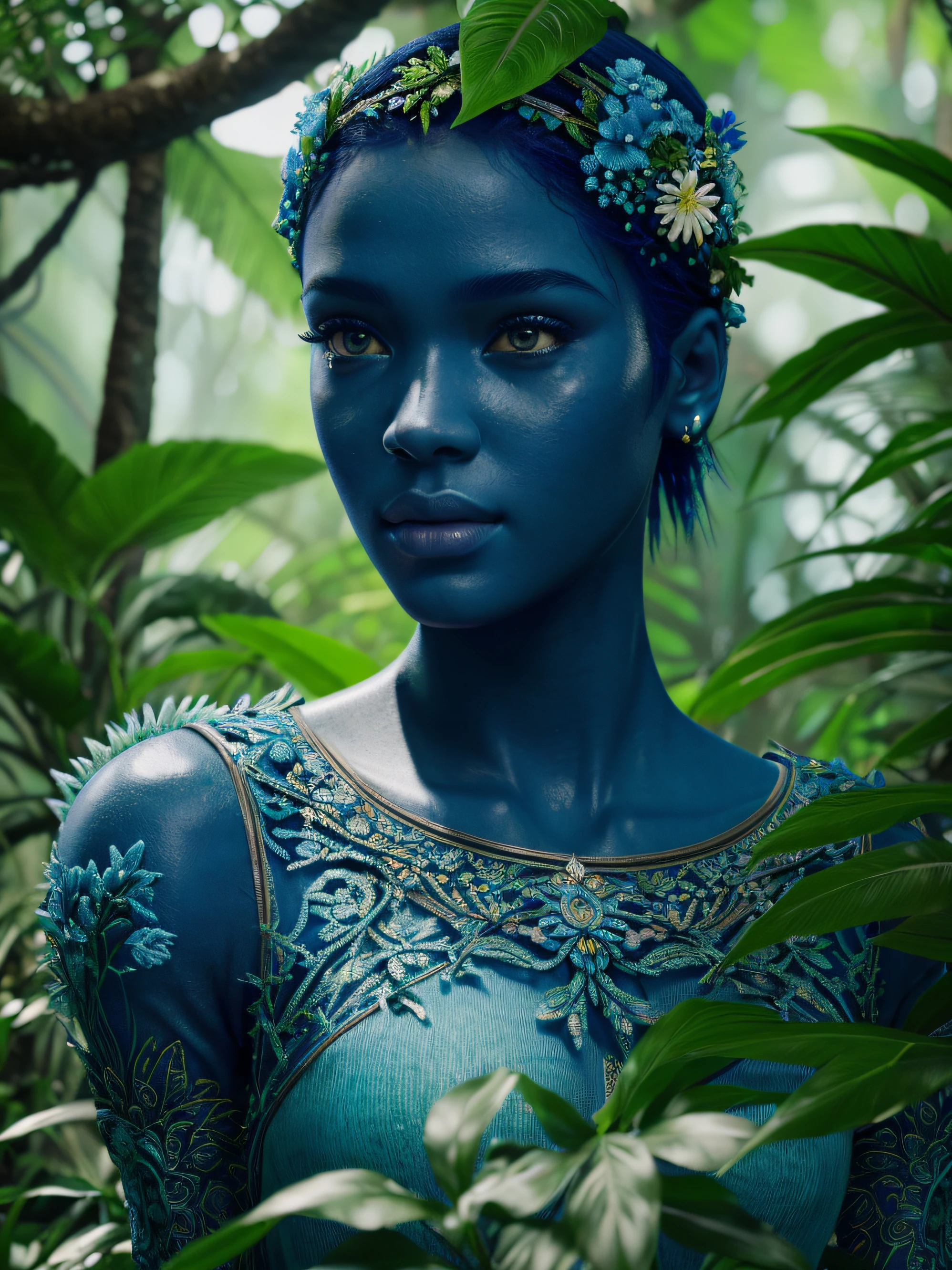 fashion photography portrait of blue human avatar, in blue lush jungle with flowers and birds, 3d render, cgi, symetrical, octane render, 35mm, bokeh, 9:16, (intricate details:1.12), hdr, (intricate details, hyperdetailed:1.15), (natural skin texture, hyperrealism, soft light, sharp:1.2)