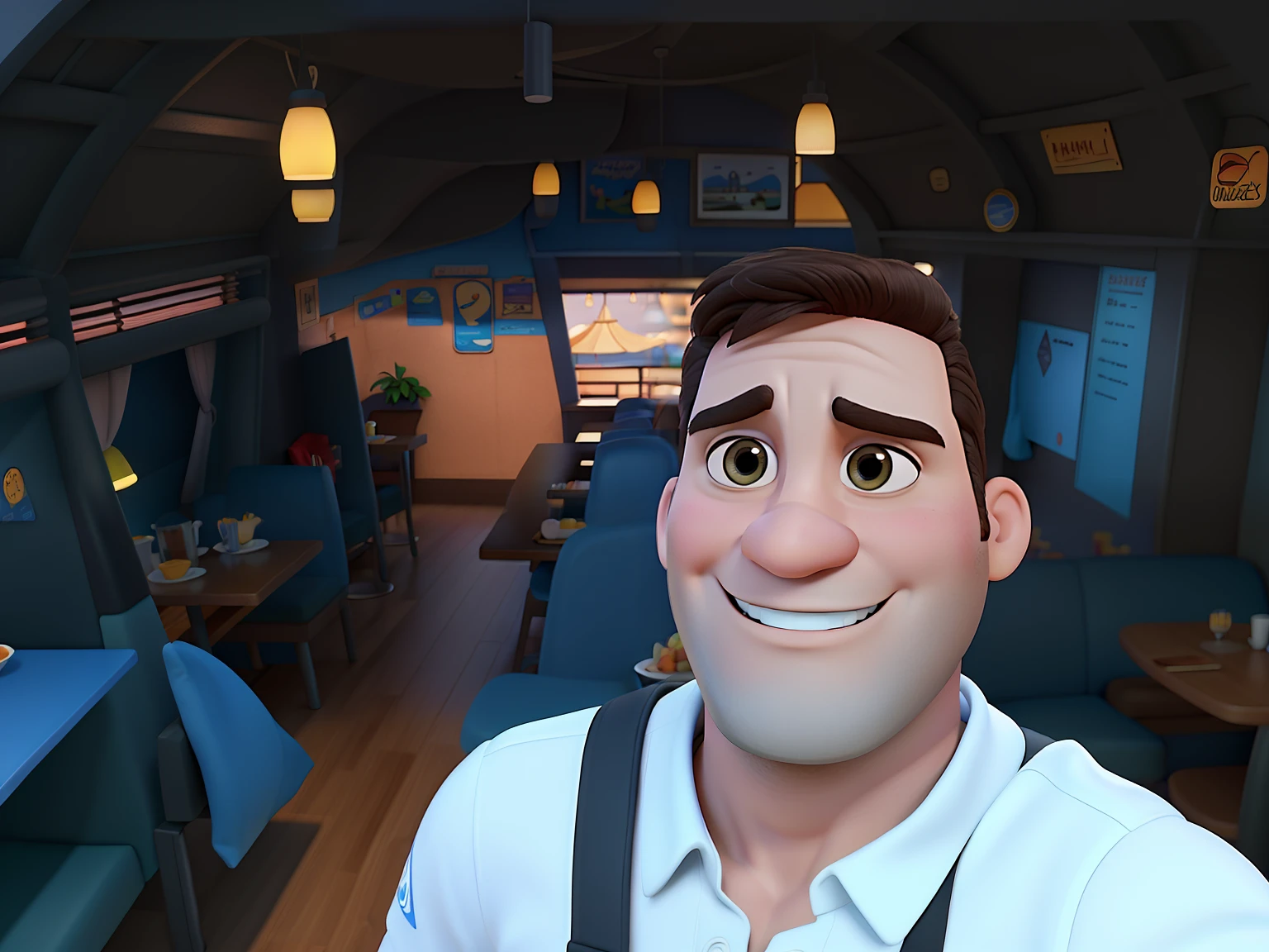 Poster no estilo Disney pixar, alta qualidade, melhor qualidade, homem sexy branco, 30 years medium hair, musculoso, com fundo em um restaurante na altura