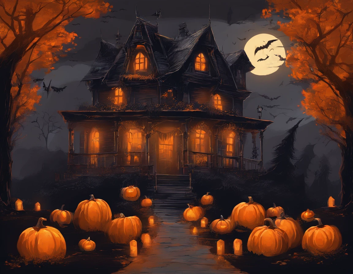 A Halloween scene with pumpkins and a house, uma pintura fosca detalhada por Pamela Ascherson, Vencedor do concurso Pixabay, gothic art, Luz cintilante, vibe sinistra, behance HD