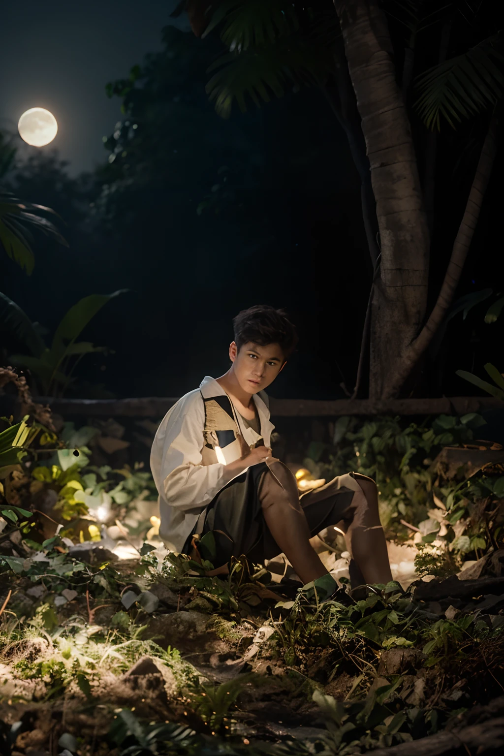 A boy with holding bag realistic moon background light jungle hyper realistic. 8k ultra HD