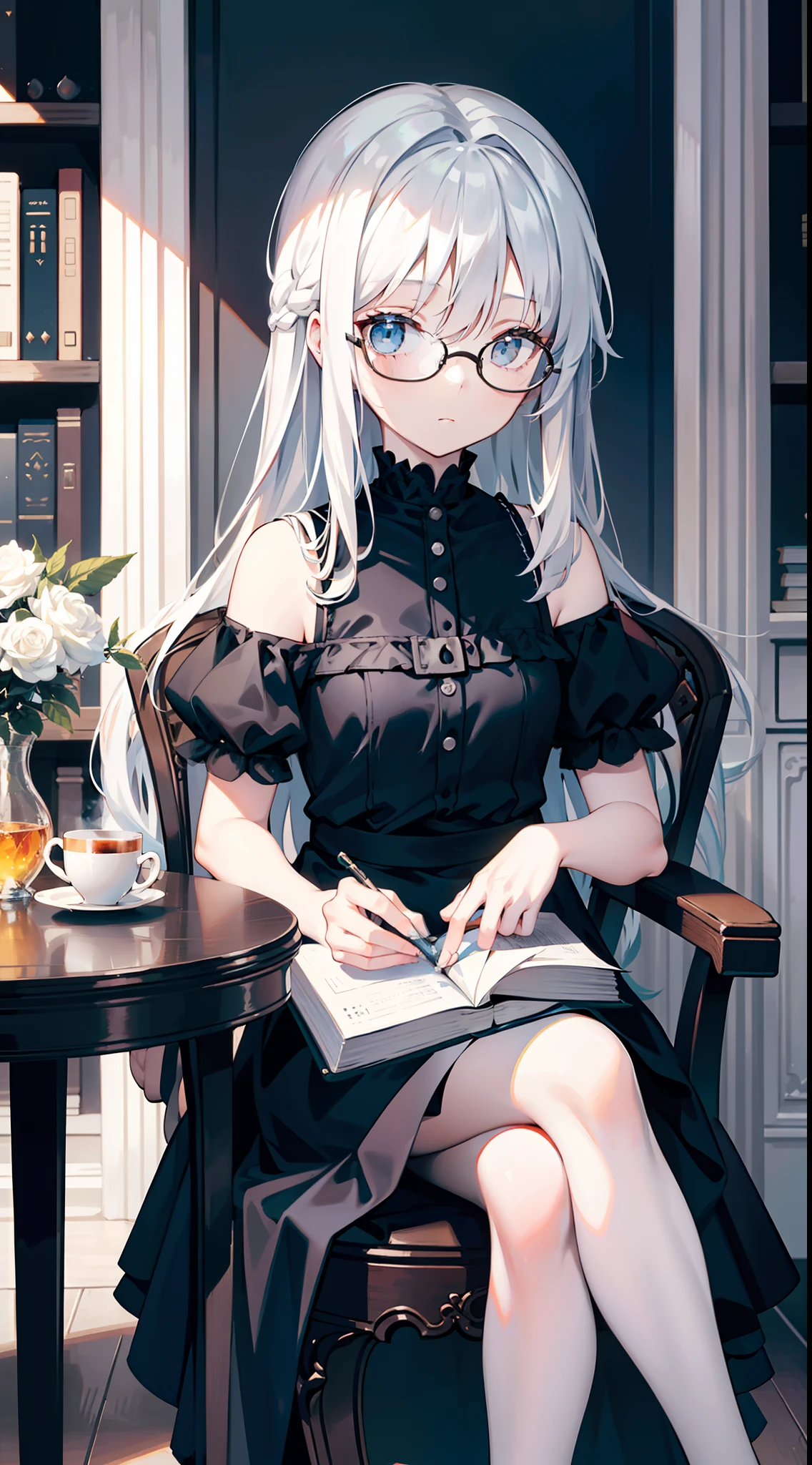 , Long white hair, blue eyes, black Stylish glasses, blue dress, fluffy dress, short sleeves, open shoulders, book, sitting at a table, tea, Masterpiece, hiquality, 4k, HD, Good detail