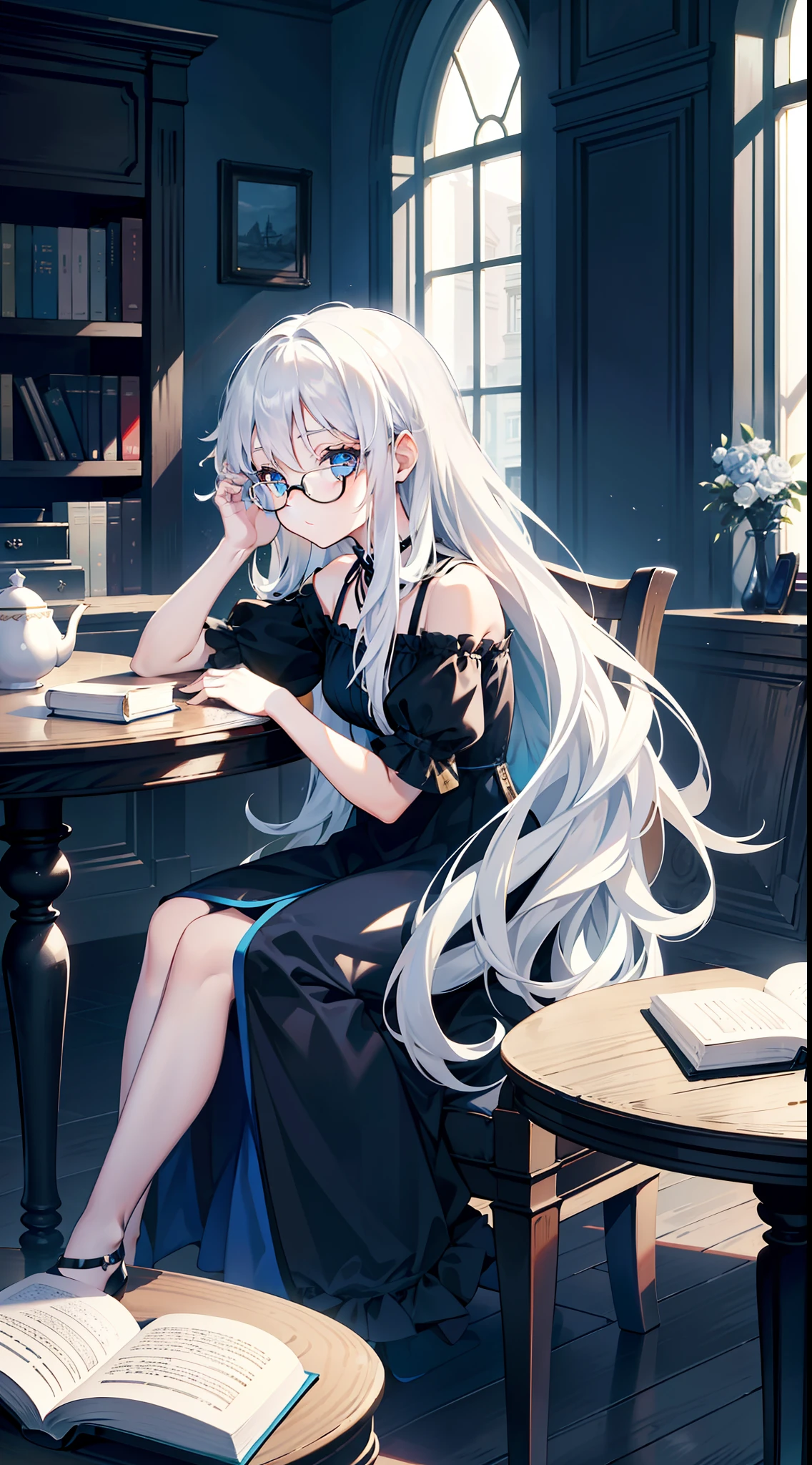 small girl, Long white hair, blue eyes, black Stylish glasses, blue dress, fluffy dress, short sleeves, open shoulders, book, sitting at a table, tea, Masterpiece, hiquality, 4k, HD, Good detail