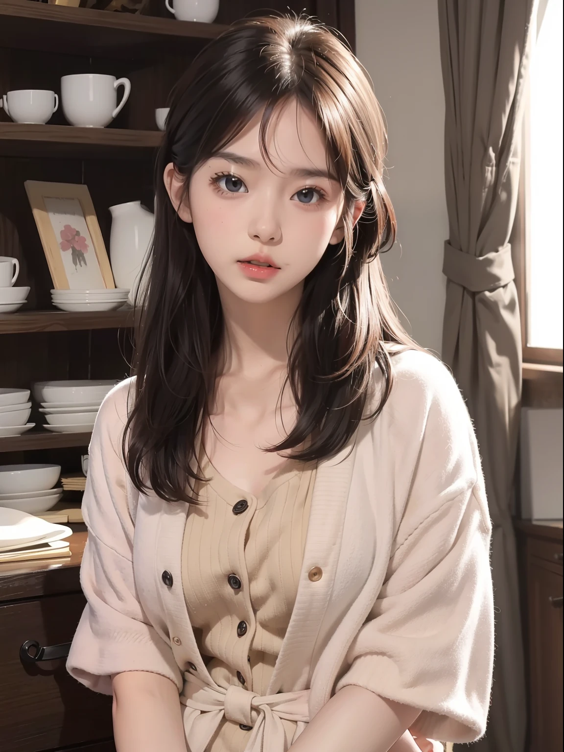 looking at the spectator,(Highly detailed skin:1.8),Black eyes,Petite athletic body,Semi-shaved hairstyle,white dress,Pink cardigan,