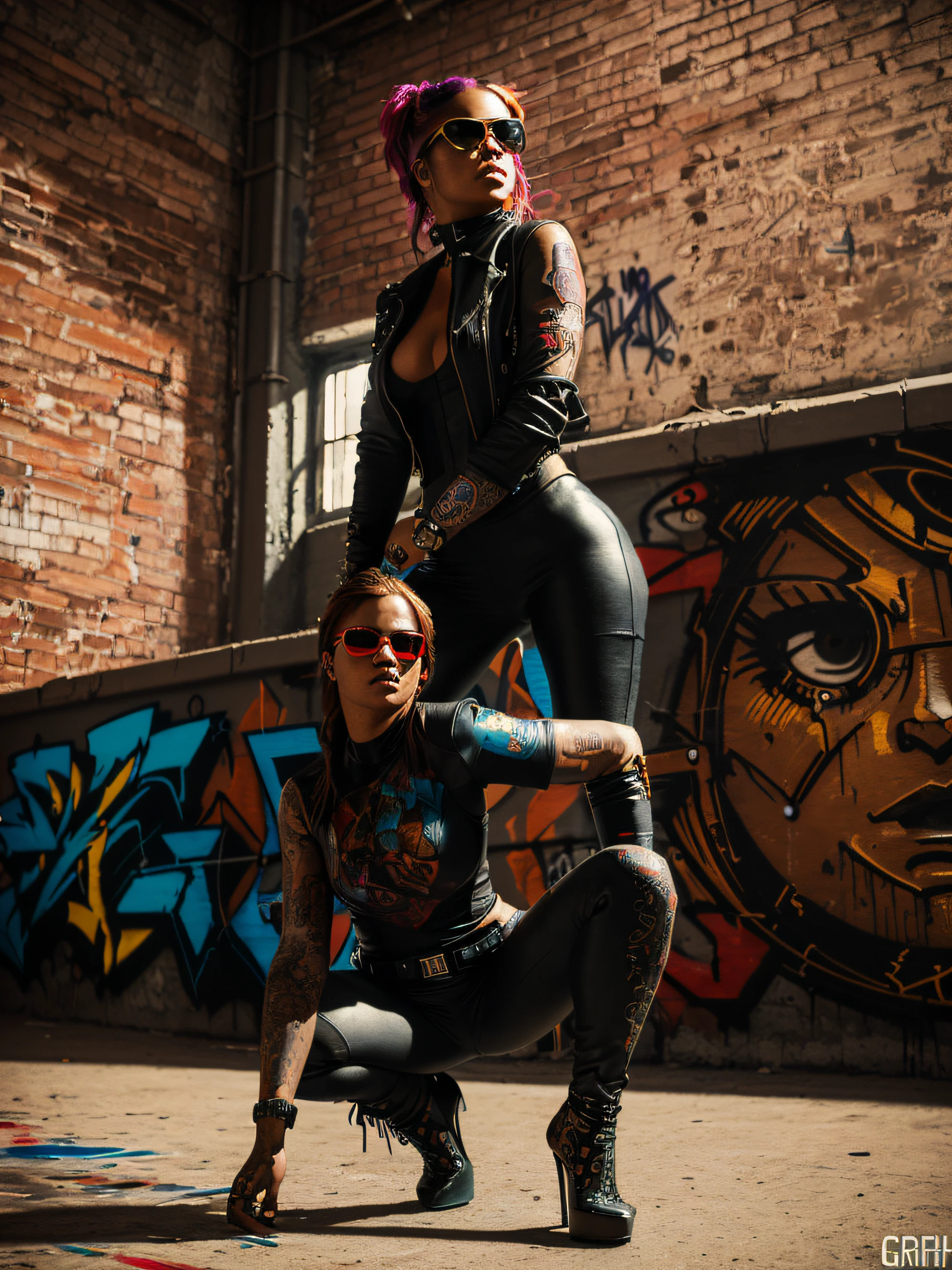 Full color painting of a crouching cyberpunk woman wearing cyberpunk sunglasses, high-heels, (perfect hourglass figure), (((Grafitti art) (author：Carne Griffith))), On photography red brick wall background, insanely details, Intricate details, ultra - detailed, Low contrast, Soft cinematic light, dim colors, exposure blend, hdr, Faded