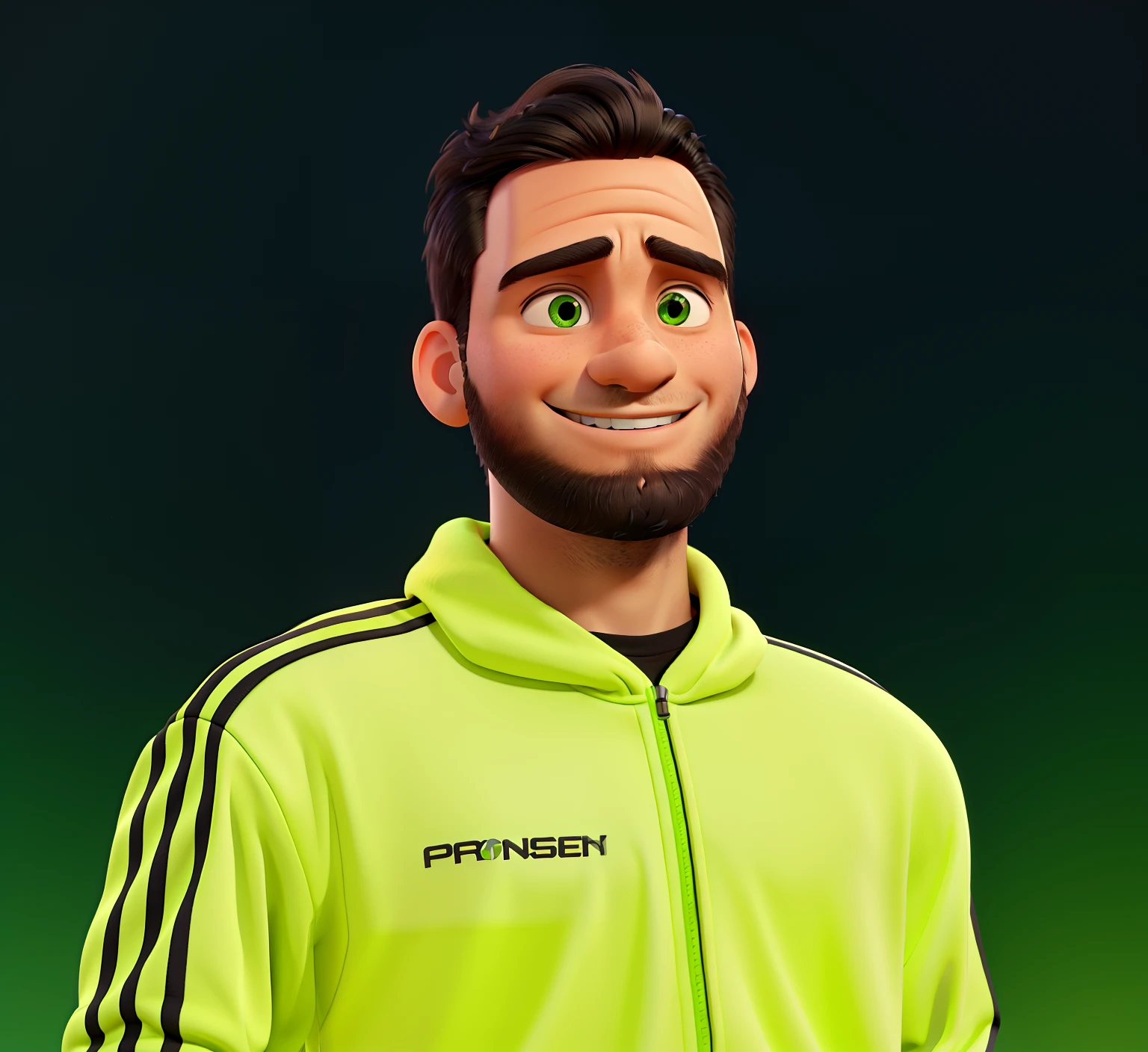 man in fluorescent green sweatshirt, shy smile, combed black hair, short black beard, brown eyes, studio in background