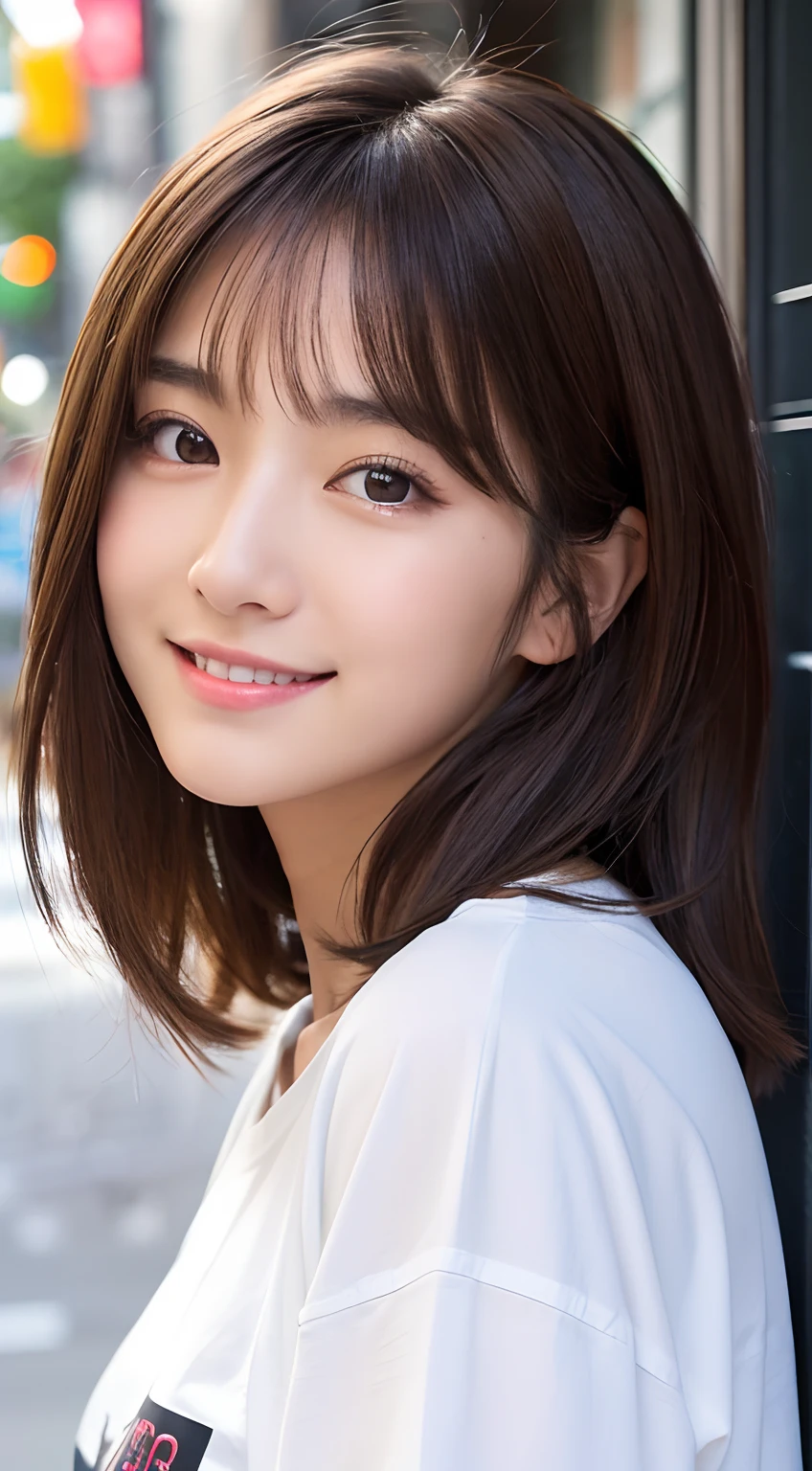 Happy smile seeing this、In the city、(Highest quality,8K quality,masterpiece:1.3,),(Ultra-high resolution:1.3,Realistic:1.4,RAW Photos:1.2),(Very detailed:1.2,Glowing Skin,Detailed skin:1.1),(Detailed face,Perfect Anatomy,Caustics:1.2),,1 girl,cute,Japanese,18-year-old,Japanese Ido,Natural brown hair,Curl short hair outward,cute目,Natural Makeup,bright casual clothes,Laughter,Looking into the camera,On the face,Face Focus,Professional Lighting,Natural soft light,