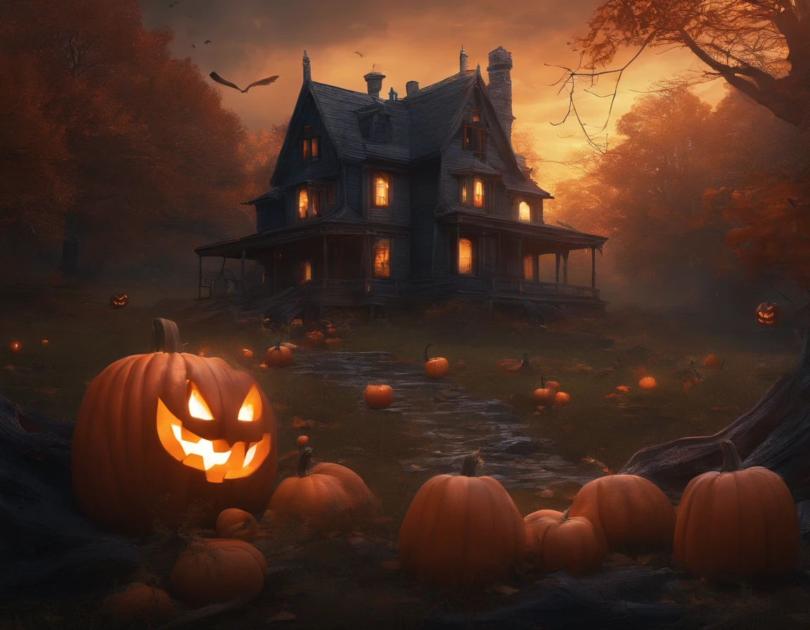 (best quality,4k,8k,highres,masterpiece:1.2),ultra-detailed,(realistic,photorealistic,photo-realistic:1.37),a scene of Halloween with pumpkins and a house,detailed matte painting by Pamela Ascherson, Pixabay contest winner,gothic art,flickering light,sinister vibe,Behance HD
