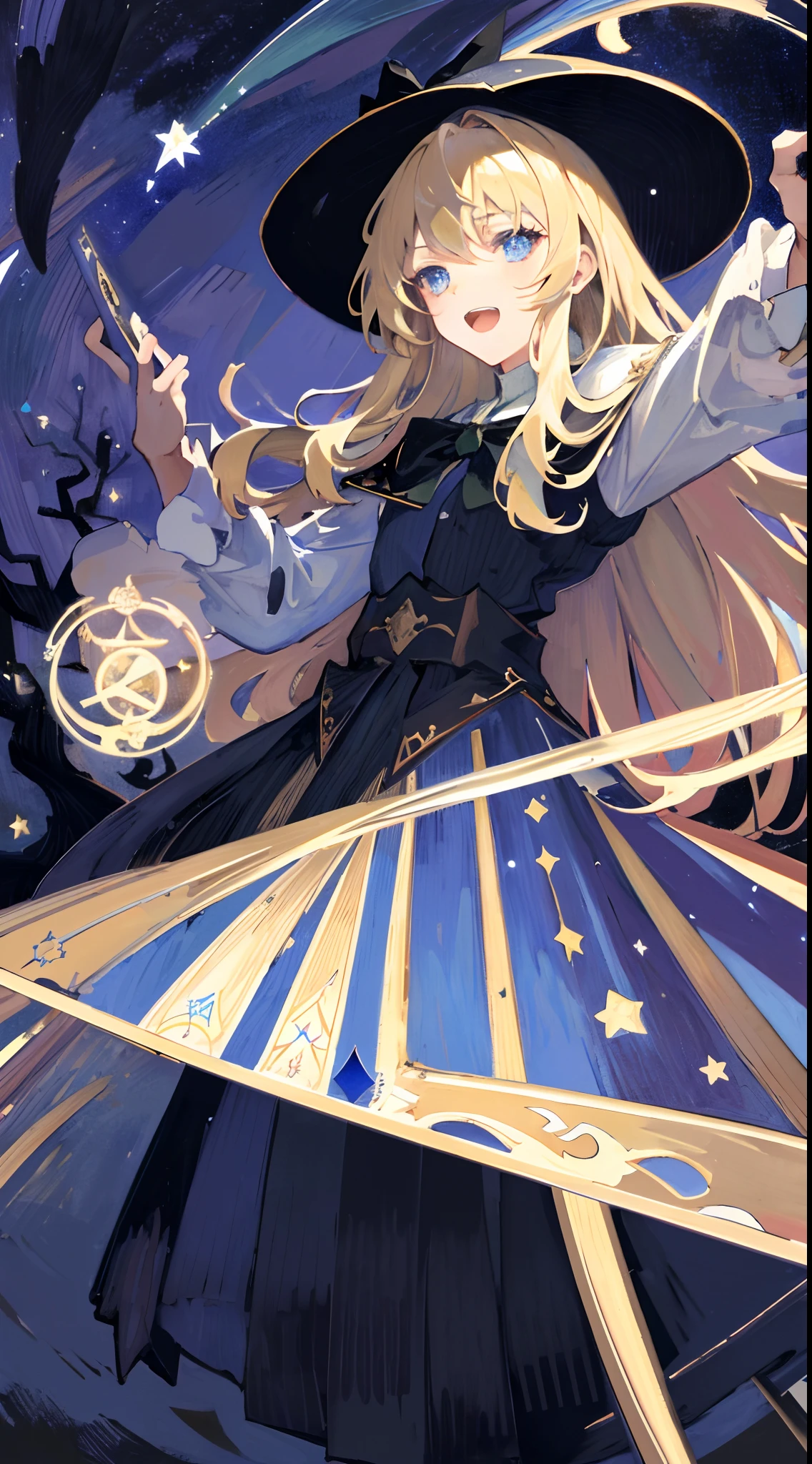 ((Masterpiece:1.2, Best quality)), 1girll, Solo, (Witch hat), Blonde hair, Long hair, aurora, Night, Star (sky), mitts, sky, Student uniform, Night sky, Open mouth, Starry sky, Blue eyes, ribbon, Very long hair, Red dress, ssmile, Hair ribbon, Cape, Blonde hair, (Bird), magic, casting spell, Dark clouds, Night, (Impressionism:1.4), (tarot:1.3), Alphonse Mucha,