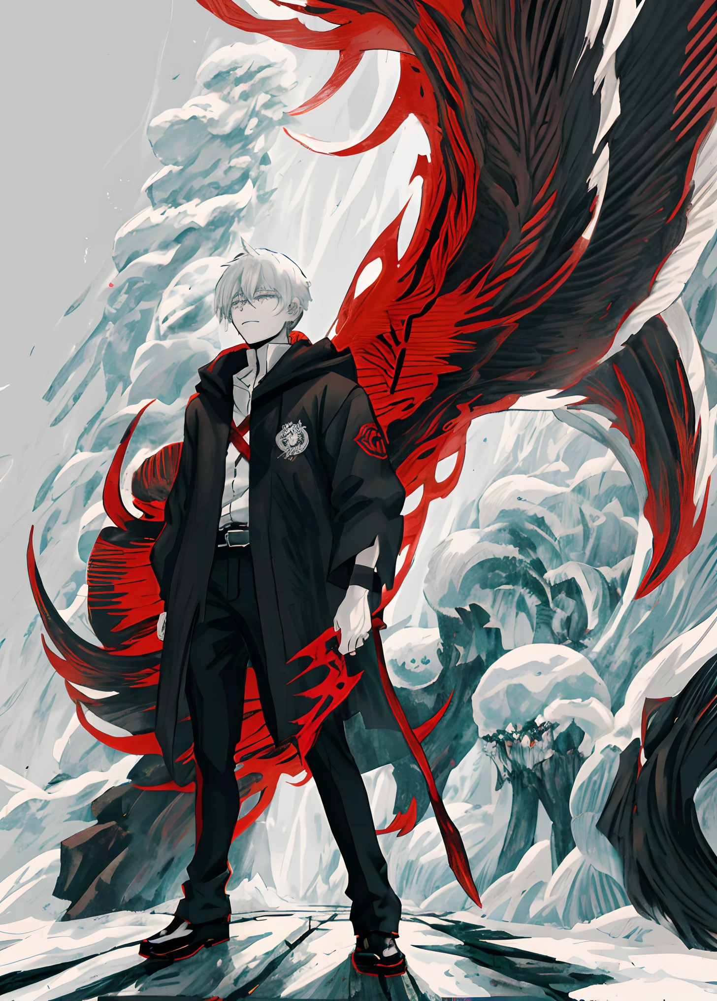 anime - style image of a man standing in front of a giant monster, mage fighting a ghoul, an ominous fantasy illustration, inspired by Sōami, by Shingei, shinigami, black and white manga page, black and white manga panel, inspired by Uragami Gyokudō, dark!, he's very menacing and evil