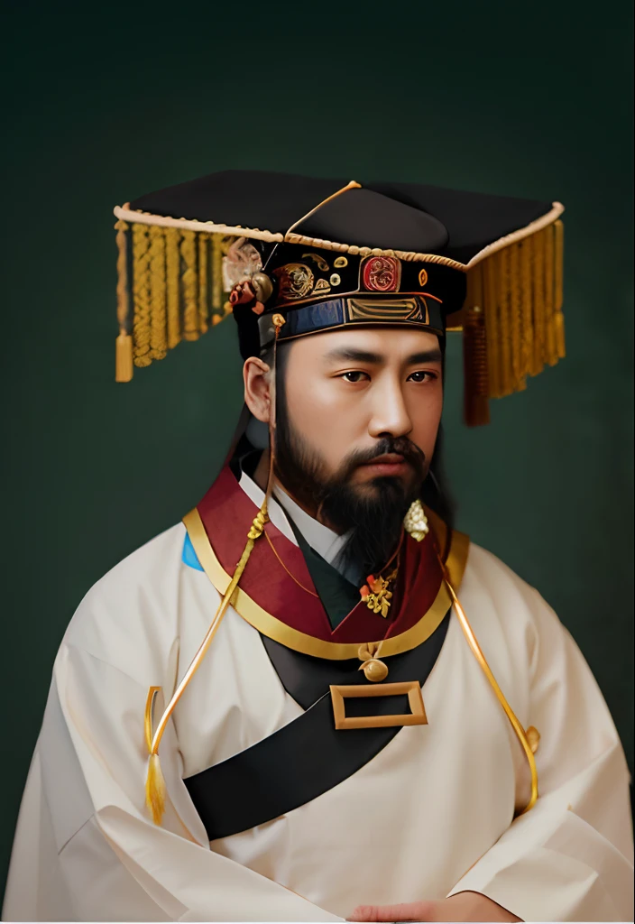 Painting of a man wearing a hat and beard, Inspired by Guo Xi, inspired by Xuande Emperor, by Xuande Emperor, inspired by Xie Huan, inspired by Zhang Zeduan, inspired by Wang Meng, inspired by Dong Yuan, wearing ornate helmet, royal emperor, line art illustration, Wearing ancient Chinese clothes, inspired by Li Cheng,China-style,Ink wind,Brilliant colors,bright,diversity