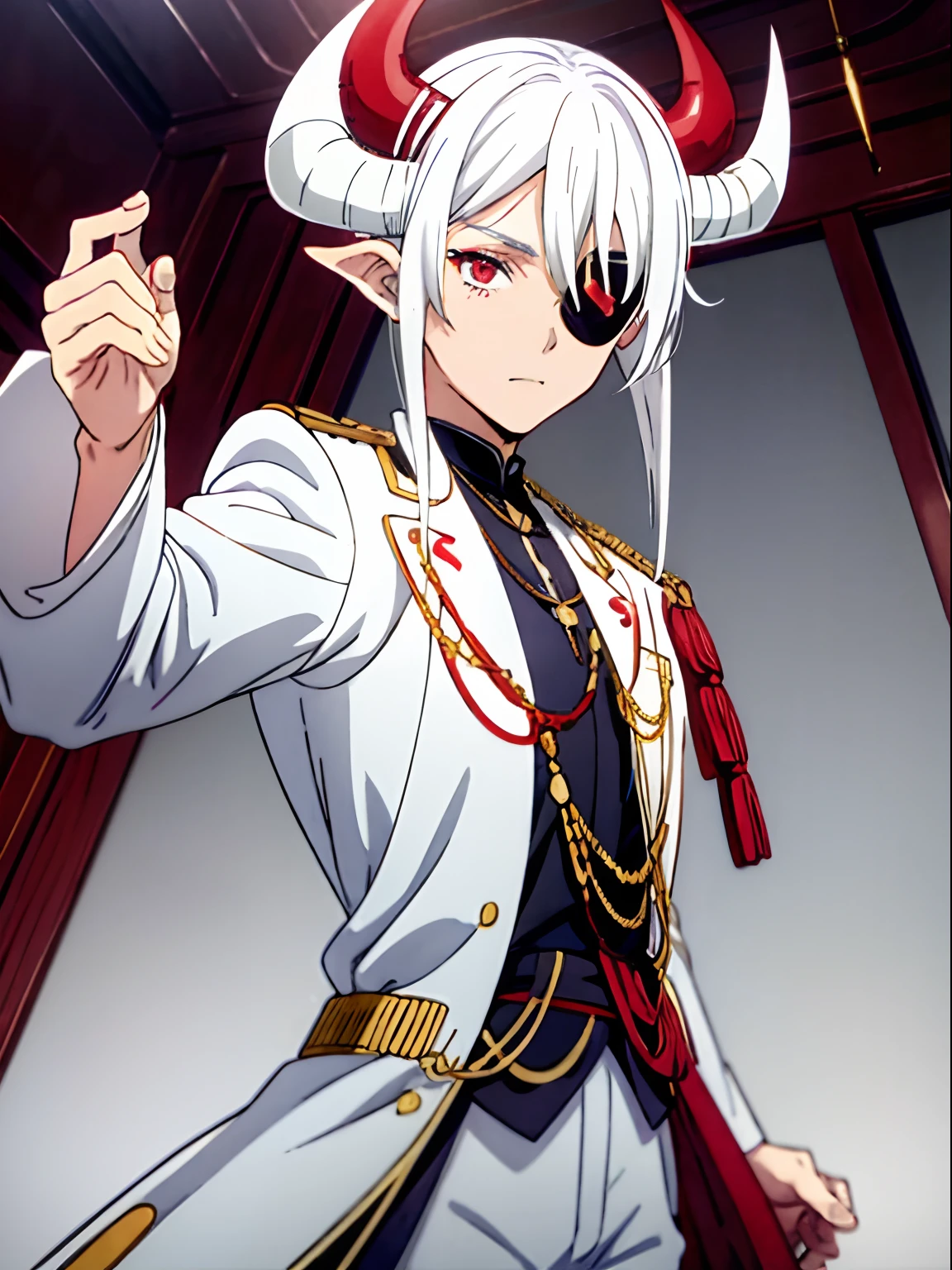 red eyes、an eye patch、white hair、A beautiful boy in a white suit with horns on his head