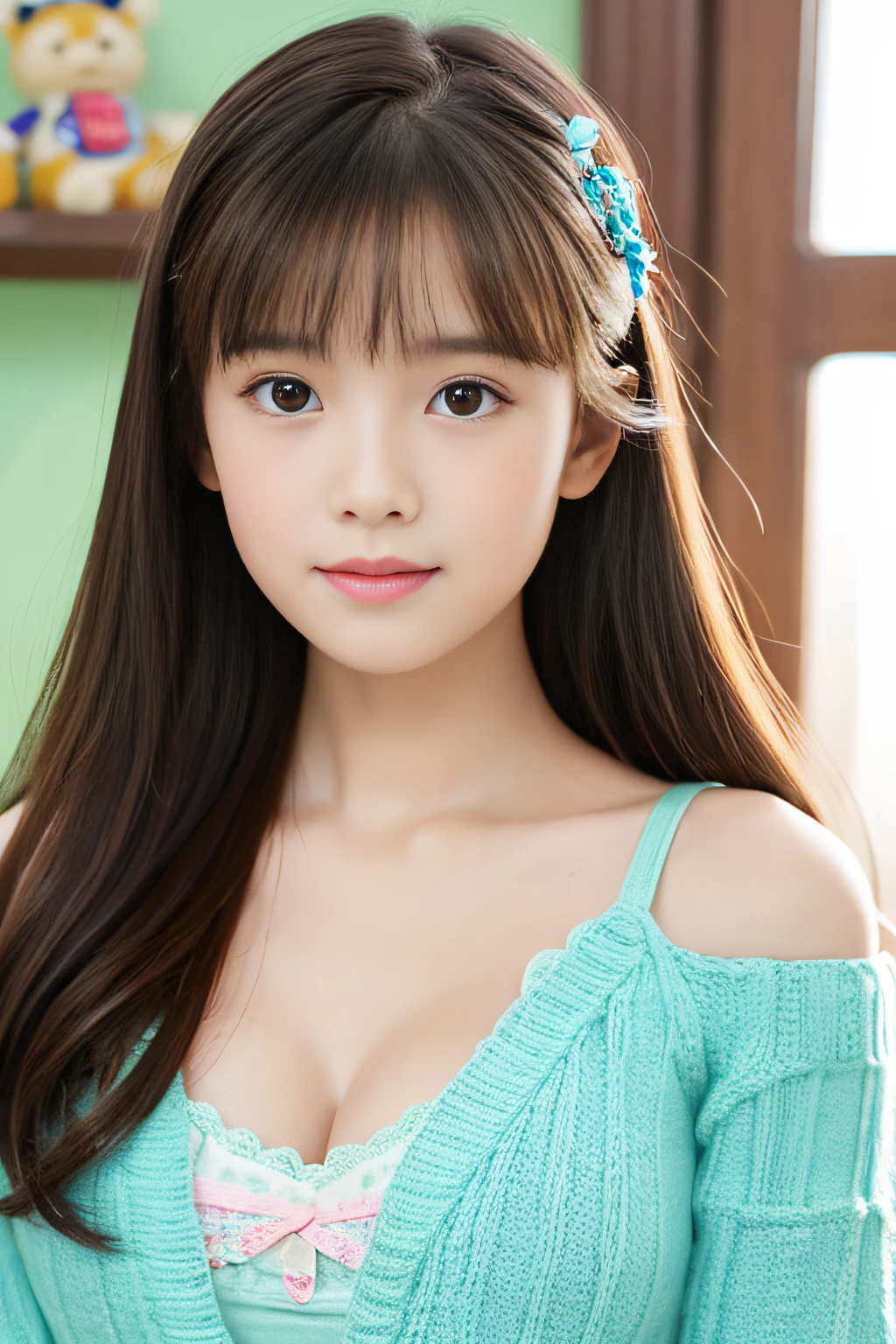 、small kid,16 K,8K、mage quali, The best illustrations, Ultra-photorealistic photos、kawaii faces:1.253、Cute idol face:1.24,Target eyes、Large double eyelids、Open your mouth a little、(Chest of details),((I can see the cleavage))、Wear a cute camisole、A kitten houseplant Children's room with a cute,F photography、