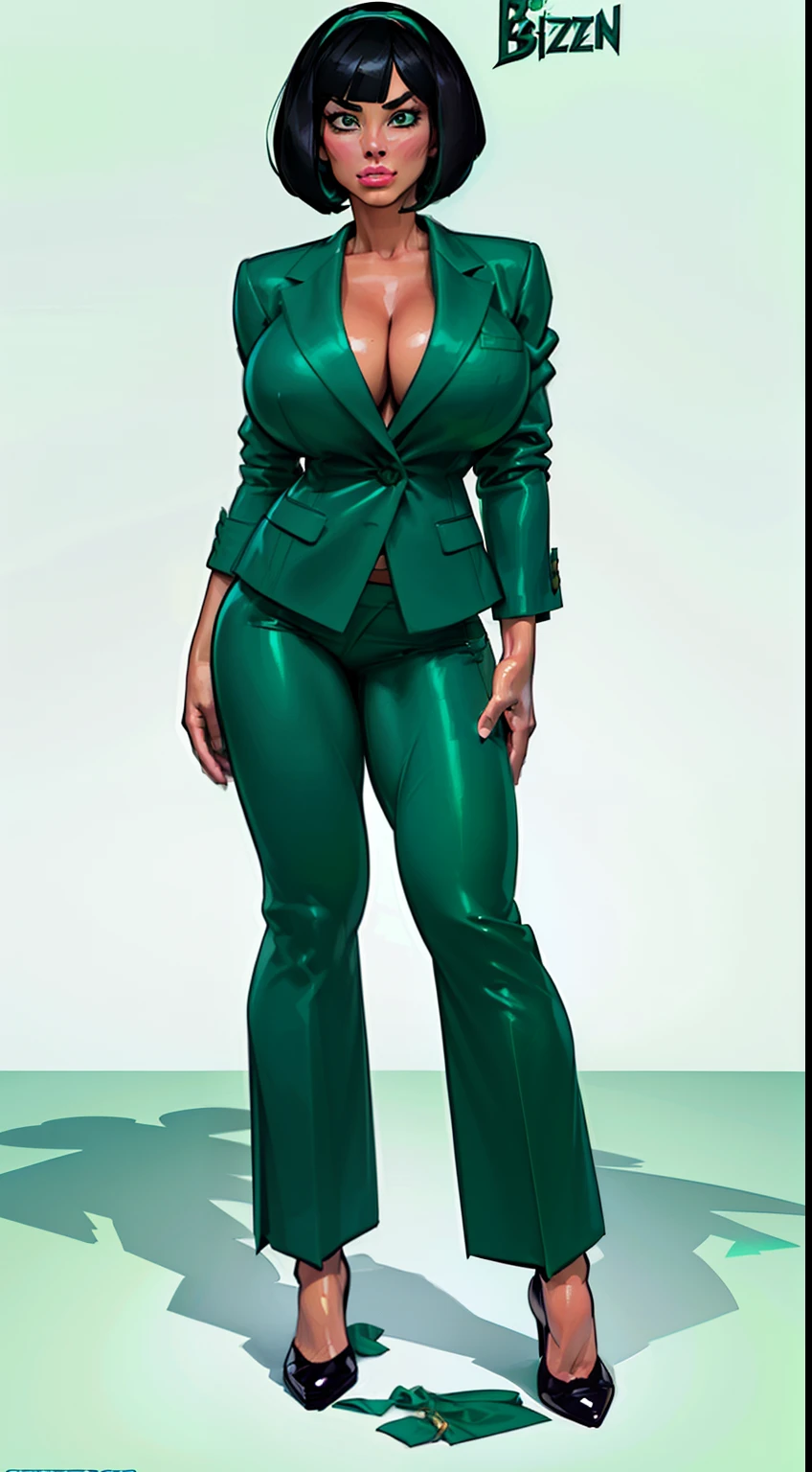 ((masterpiece)),(((best quality))), ((character design sheet)), ((full body view)) illustration,1girl, muscular, ((mintgreen blazer:1.4)), ((mintgreen pants:1.4)) buttercup, (mintgreen hairband),((black hair:1.4)), greensuiys ((detailed face:1.4)) ((gigantic breasts:1.3)), beautiful woman, slick bobcut, shiny skin, (thick legs), scribbles and marks, , rough sketches, pose, 8k,16k, (simple background, white background: 1.3)