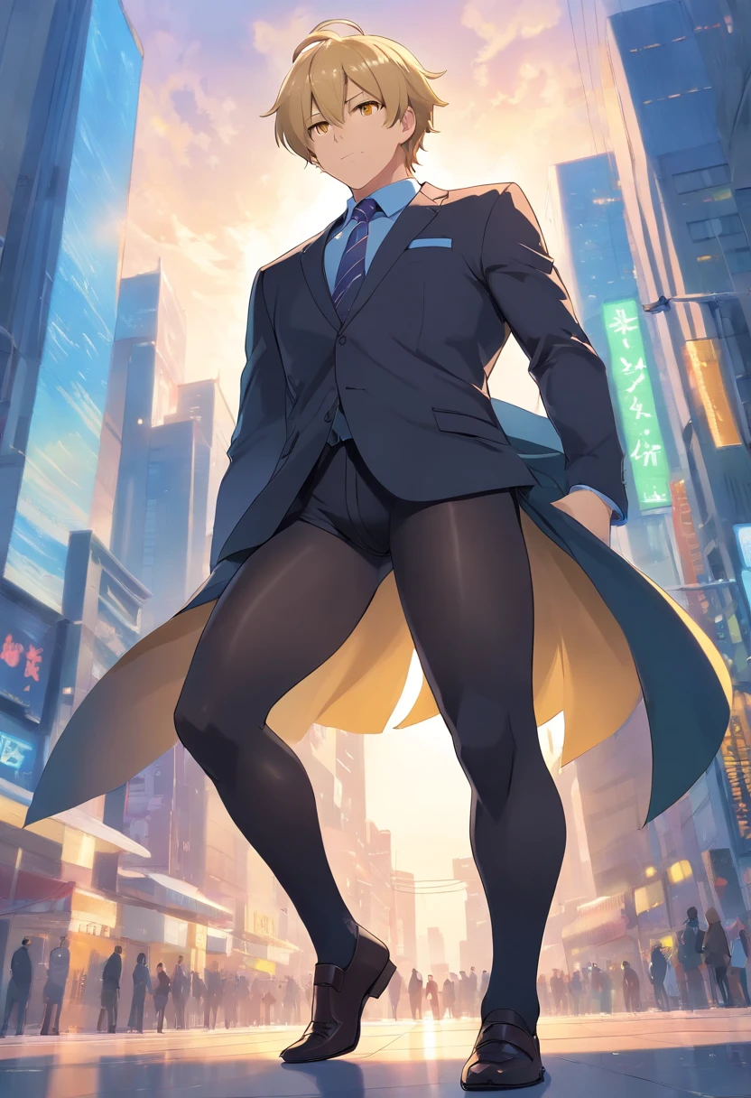 1 male human、a blond、Huge ass、Black Tights Suit、yellow eyes、Large, thick thighs、short-haired、wide hips、pantyhose、musculature