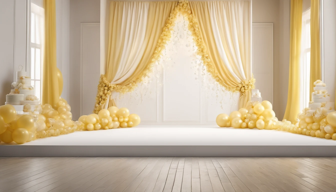 Real photo, white drywall, The floor lined with white carpet and decorated with light yellow bubble strings and white and cream colors, Birthday decoration backdrop, Lifelike birthday backdrop, used for studio photography, harmonious and beautiful lighting