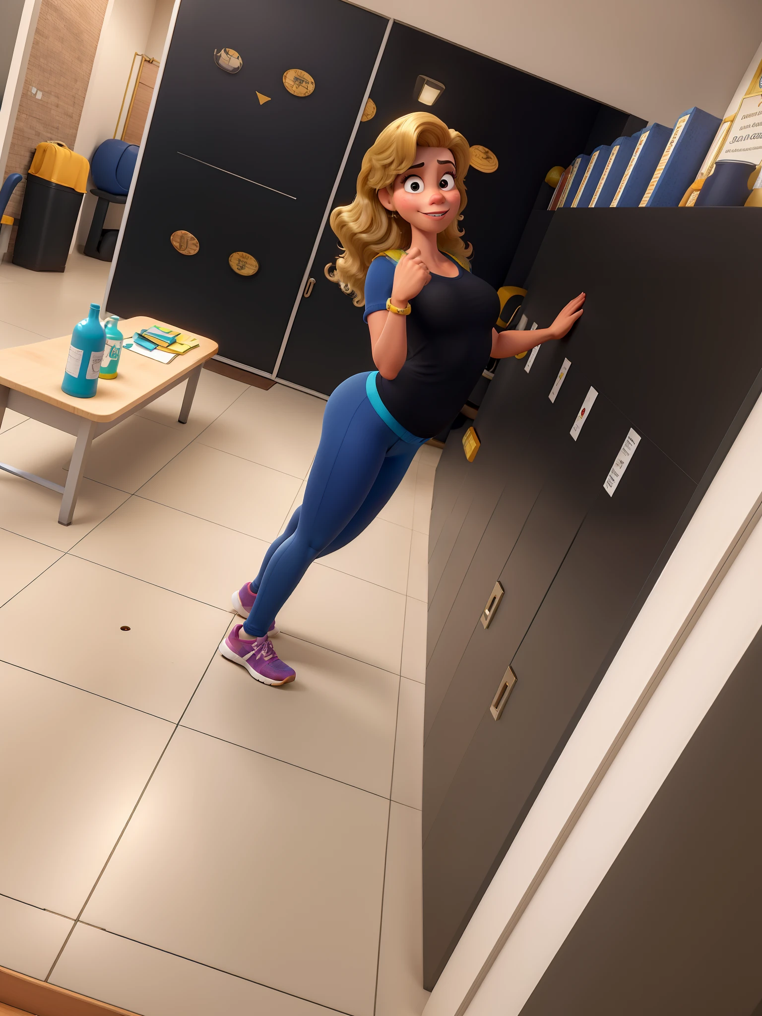 Mulher estilo Disney pixar, loira, mulher na academia, roupa fitness, alta qualidade, melhor qualidade, cabelo amarelo, cabelo amarrado, Serious, short